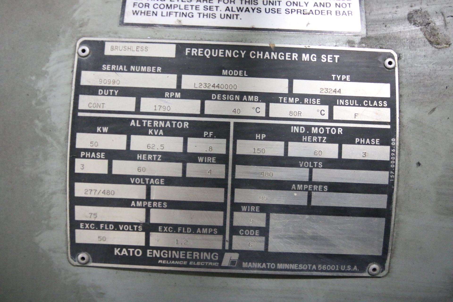 Kato Engineering 150 hp Generator Set, Model L232440000, Type 23244, S/N 90990 with 1790 RPM, 50 KW, - Image 2 of 4