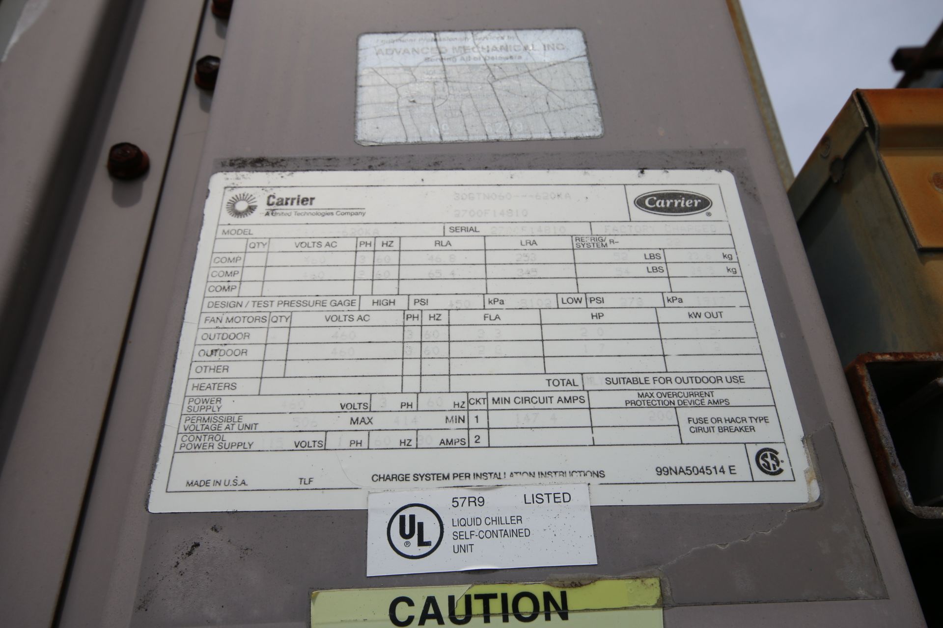 Carrier 4-Fan Chiller, Model 30GTN060-620KA, S/N 8700F14810 with (2) Onboard Freon Compressors, - Image 4 of 4