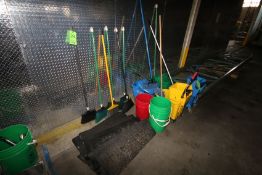 Lot of Assorted Janitorial Supplies, Includes (2) Mop and Buckets, Buckets, Brooms, Rugs, and