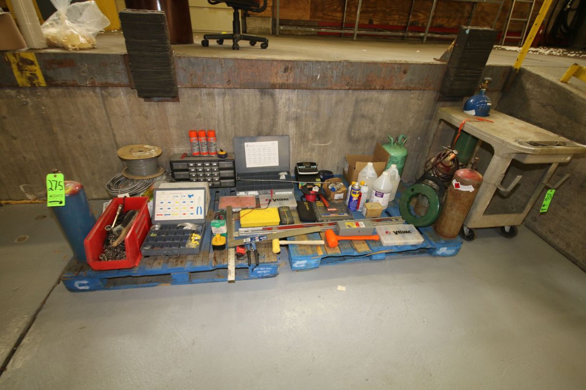 Lot of Assorted Shop Equipment, Includes Cylinders, Electrical Hardware, Nuts and Bolts, Chain,