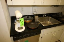 Lot of Assorted Pots, Pans, Cutting Boards, Kitchen Aid Mixer, Bowls, Grinder, Spray Bottles,