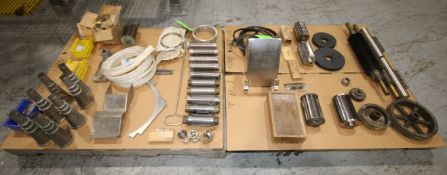 Assorted Urschel Shredder Parts on (2) Pallets includes (11) Spare Cutting Spindles, Part 48281,