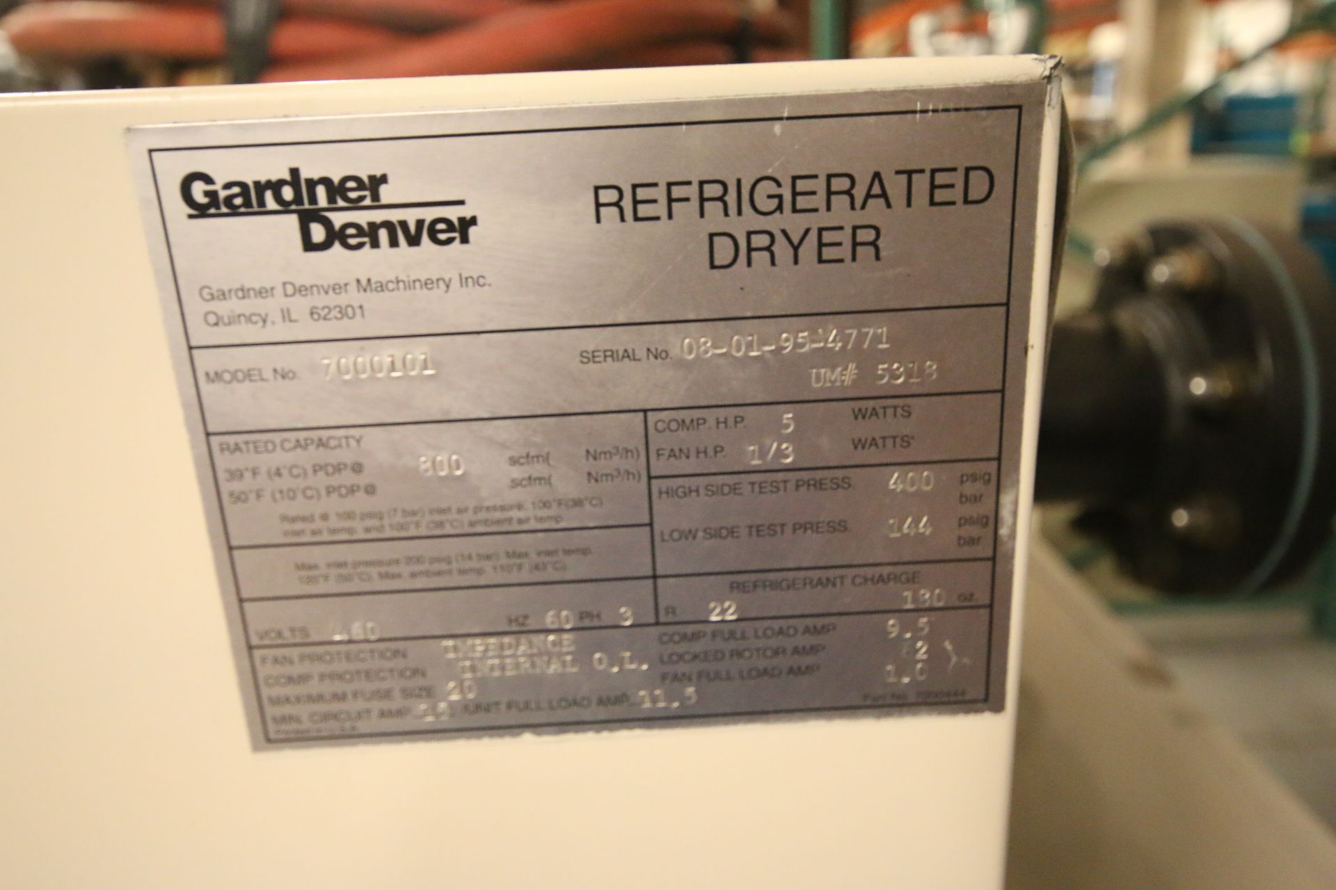 Gardner Denver Refrigerated Air Dryer, Model 7000101, S/N 8-01-95-4771, 800 scfm, 5 hp Comp., 1/3 hp - Image 5 of 5
