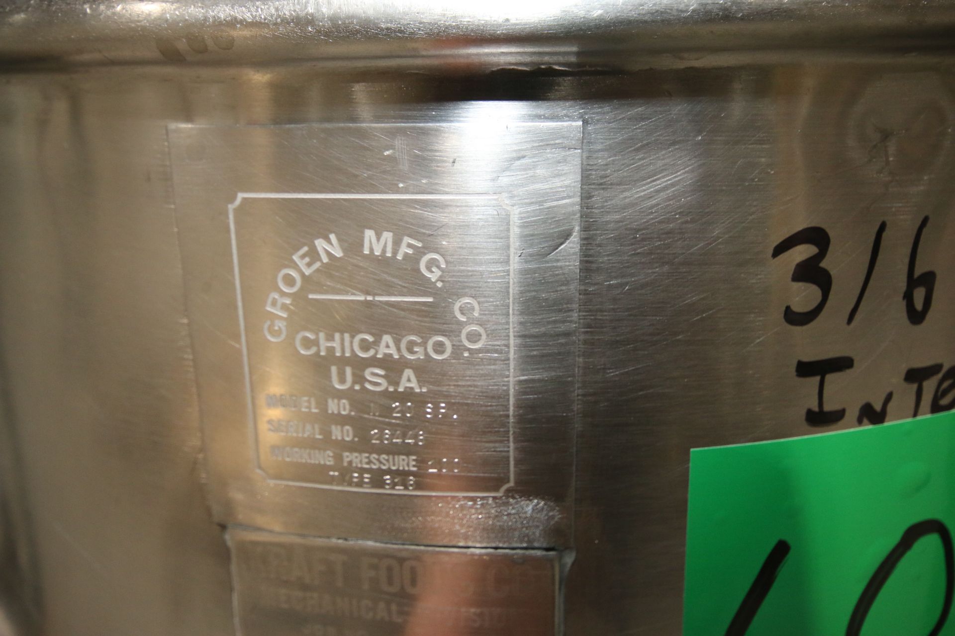 Groen 20 Gal. 316 S/S Jacketed Kettle, Model 20SP, S/N 26448, Max. Working Pressure 100 psi, - Image 6 of 6