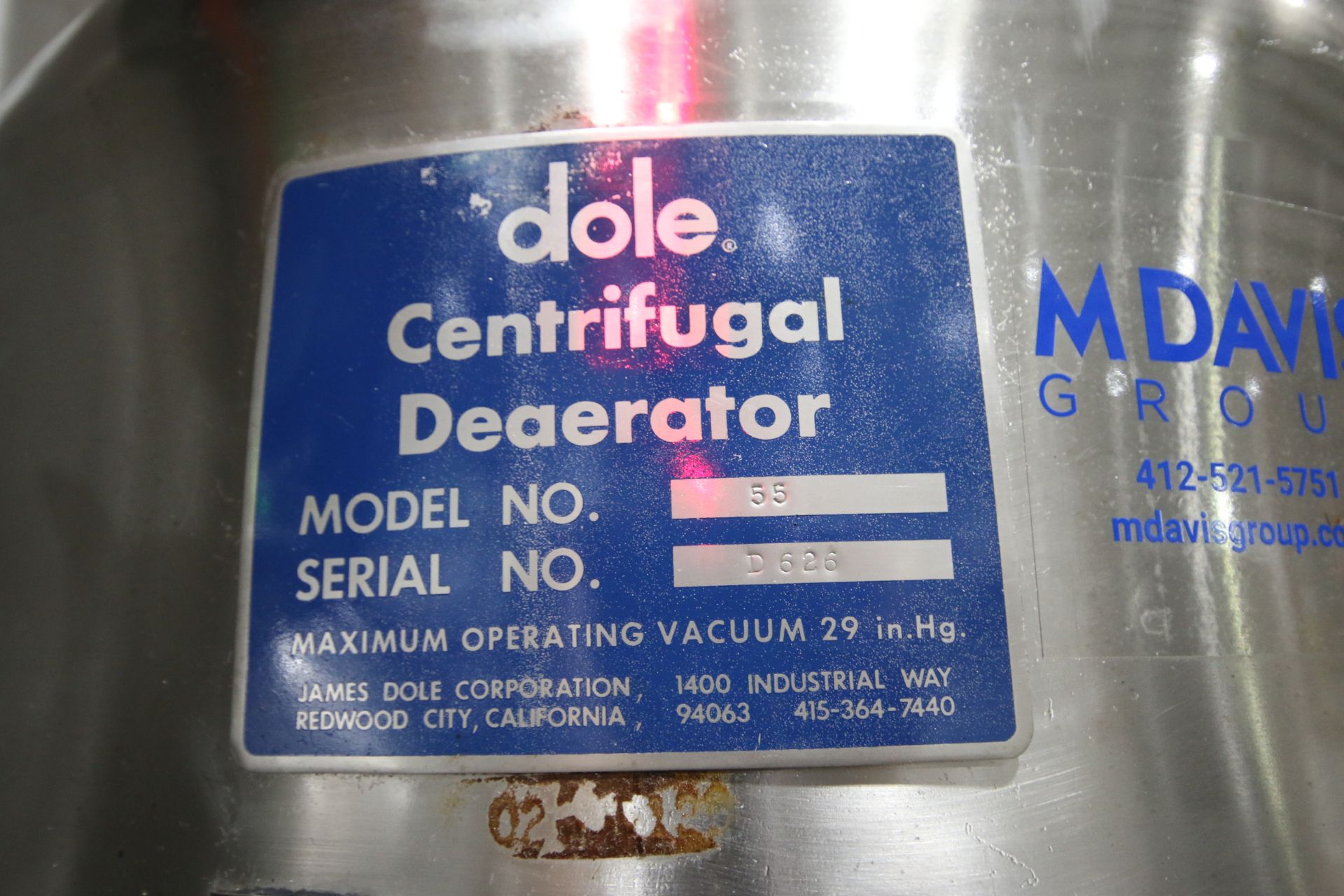 Dole Centrifugal Deaerator 60 Gal. S/S Tank, Model 55, S/N D626, Approx. Tank Dimensions: 29” W x - Image 7 of 7