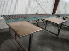 Packing Table with 10ft Hydrol Roller conveyor and two work surface with plywood tops on casters,