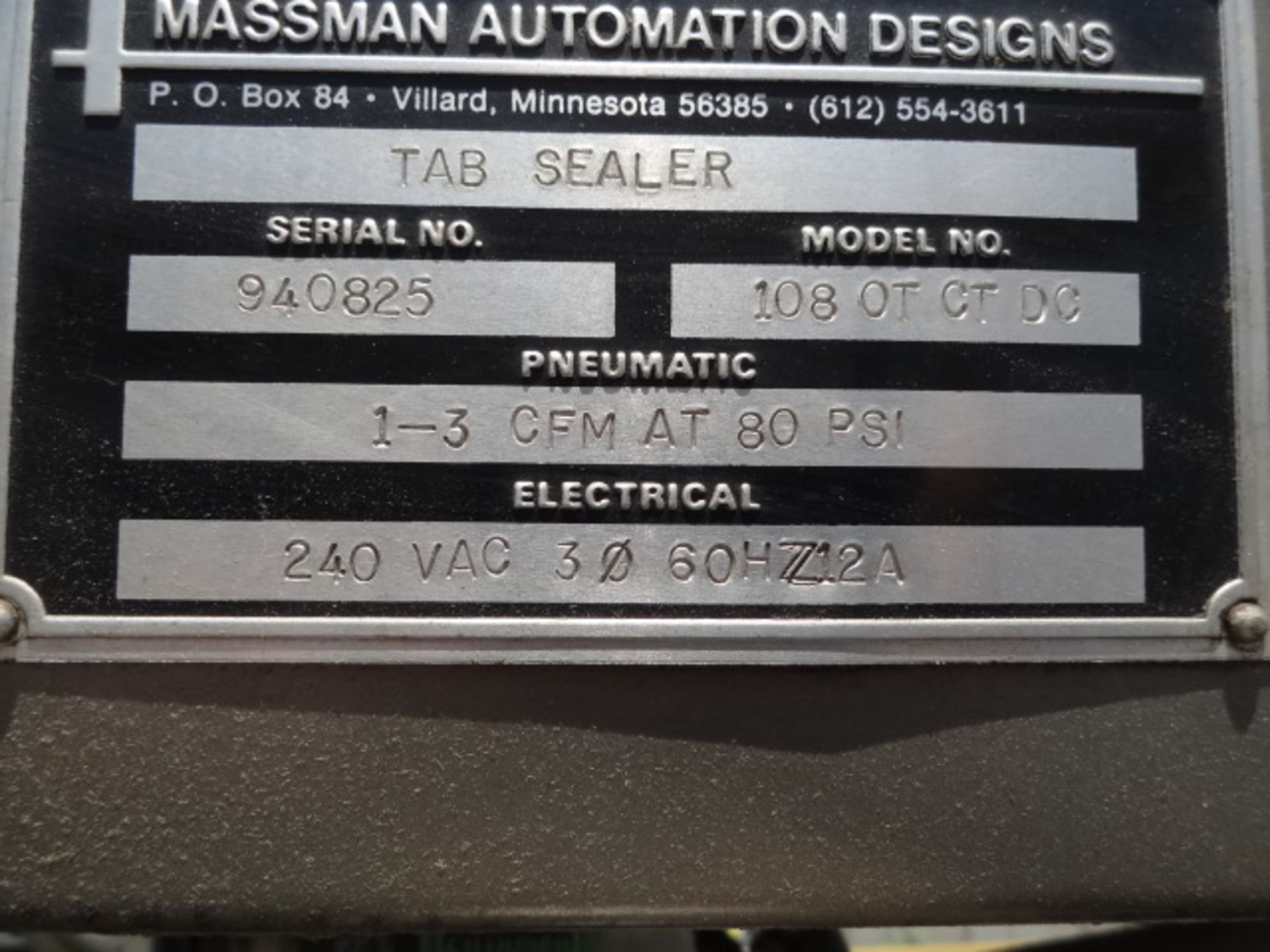 Massman Side-tab Sealer, Model # 108-OTCT, S/N 940825, side flange sealer for bliss-style box / - Image 6 of 7