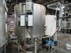 1500 liter food grade stainless steel jacketed tank in great condition. Inside approx. 4ft ft. dia