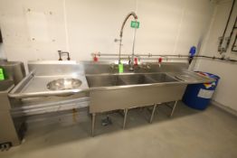 S/S 3-Compartment Sink, with Spray Nozzel, and (2) S/S Attached Staging Areas, Overall Dims.: Aprox.