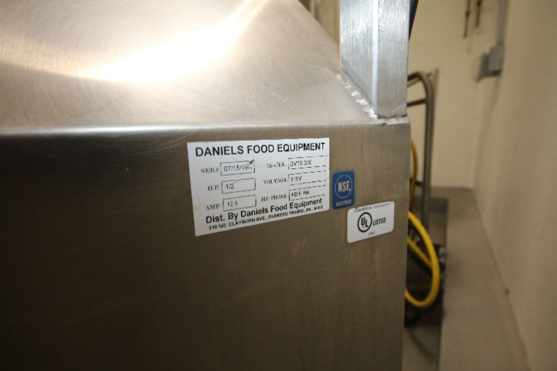 Daniels Food Equipment S/S Tumbler, M/N DVTS 300, with 1/2 hp Motor, 115 V, S/S Lid, Mounted on - Image 5 of 5