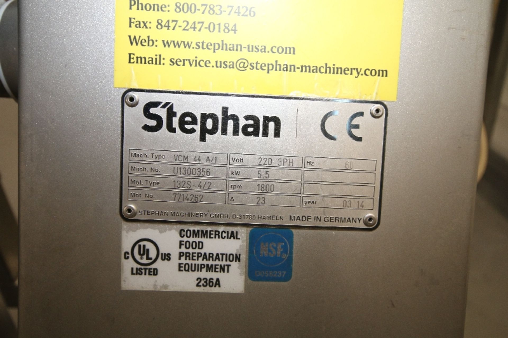 2014 Stephan VCM, M/N VCM 44 A/1, S/N U1300356, 1800 RPM, Mounted on S/S Frame with Casters, - Image 5 of 5