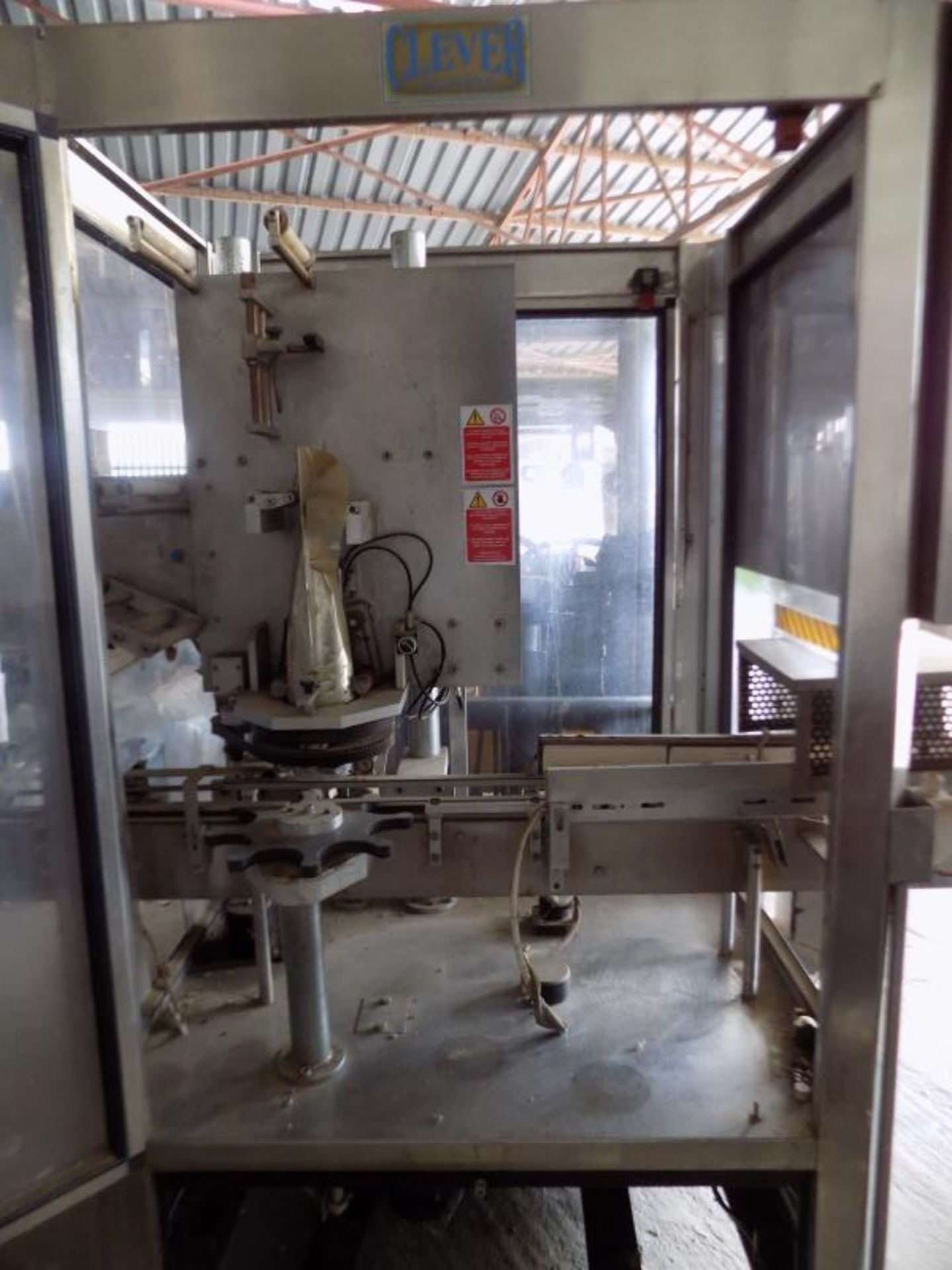 2003 Clever Machines Shrink Sleeve Applicator, Model GS 301 with Conveyor Chain, UV Lamps and (1)