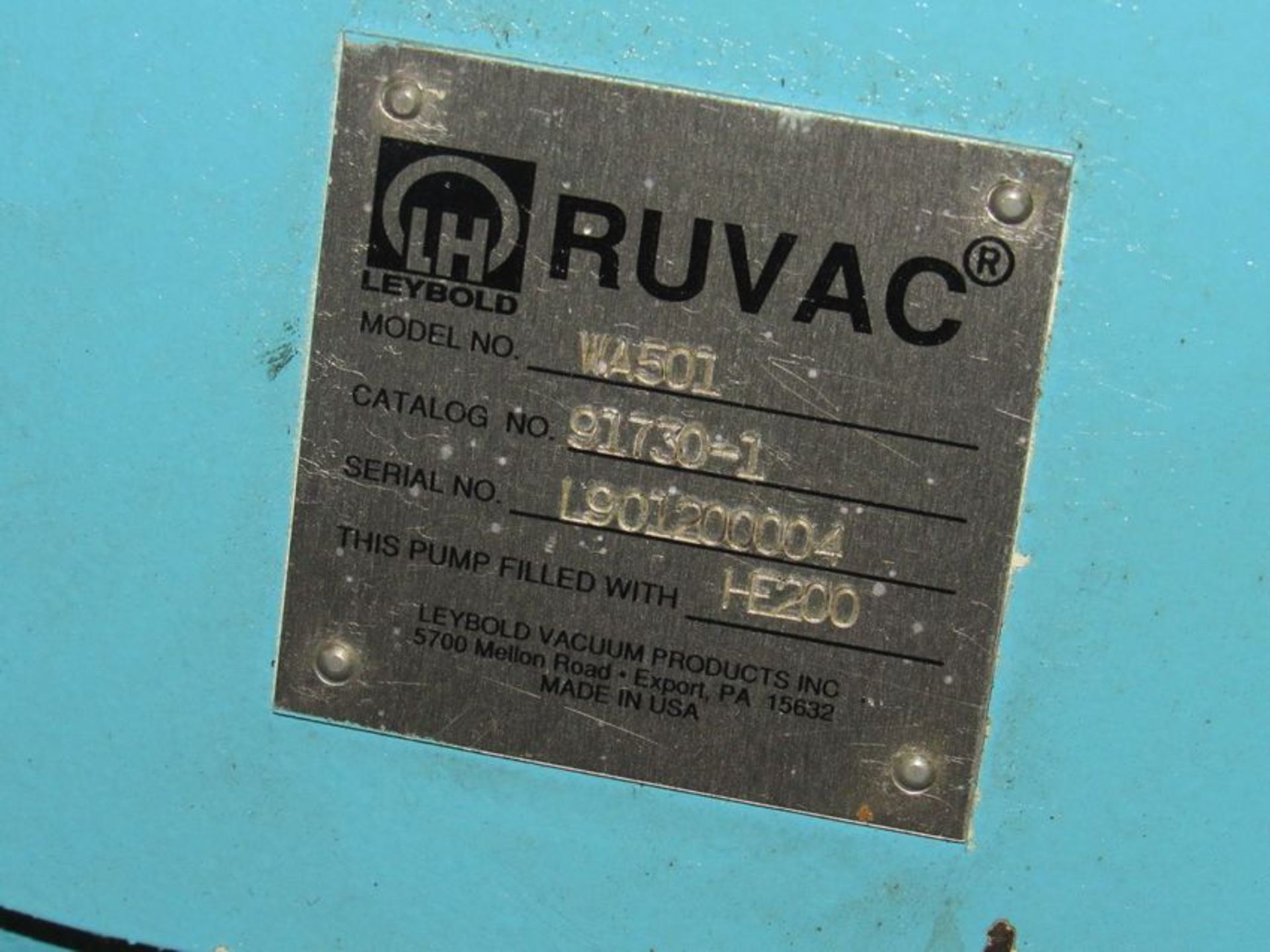 Ruvac Leybold Vacuum Pump Model WA501' Serial #L901200004 and 3HP Electric Motor, 200/230/460Volt. - Image 2 of 7