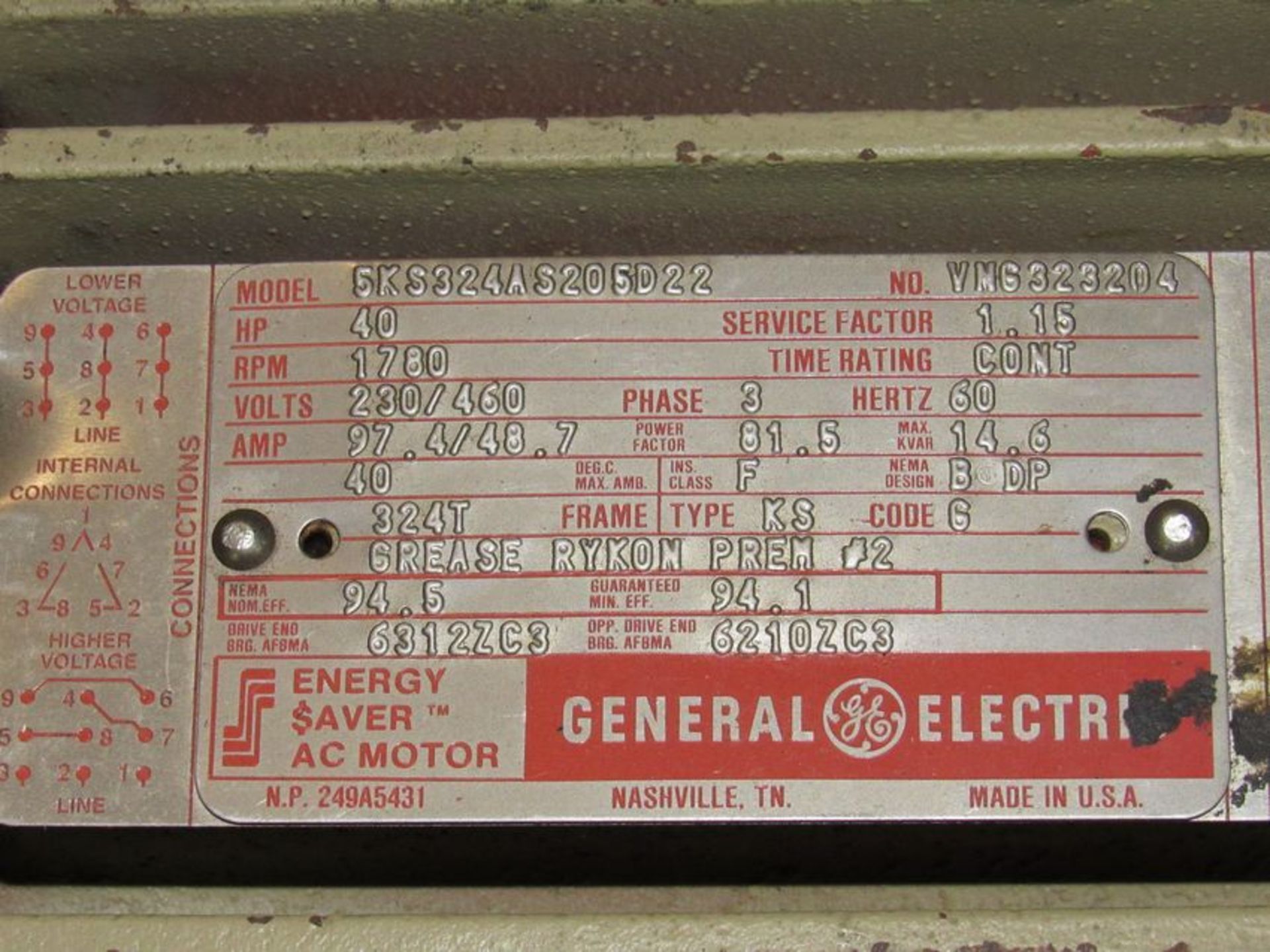 40-HP GE Energy Saver High Speed Electric Motor Model #5KS324AS205D22, 230/460 Volts, 97.4/48.7 - Image 2 of 4
