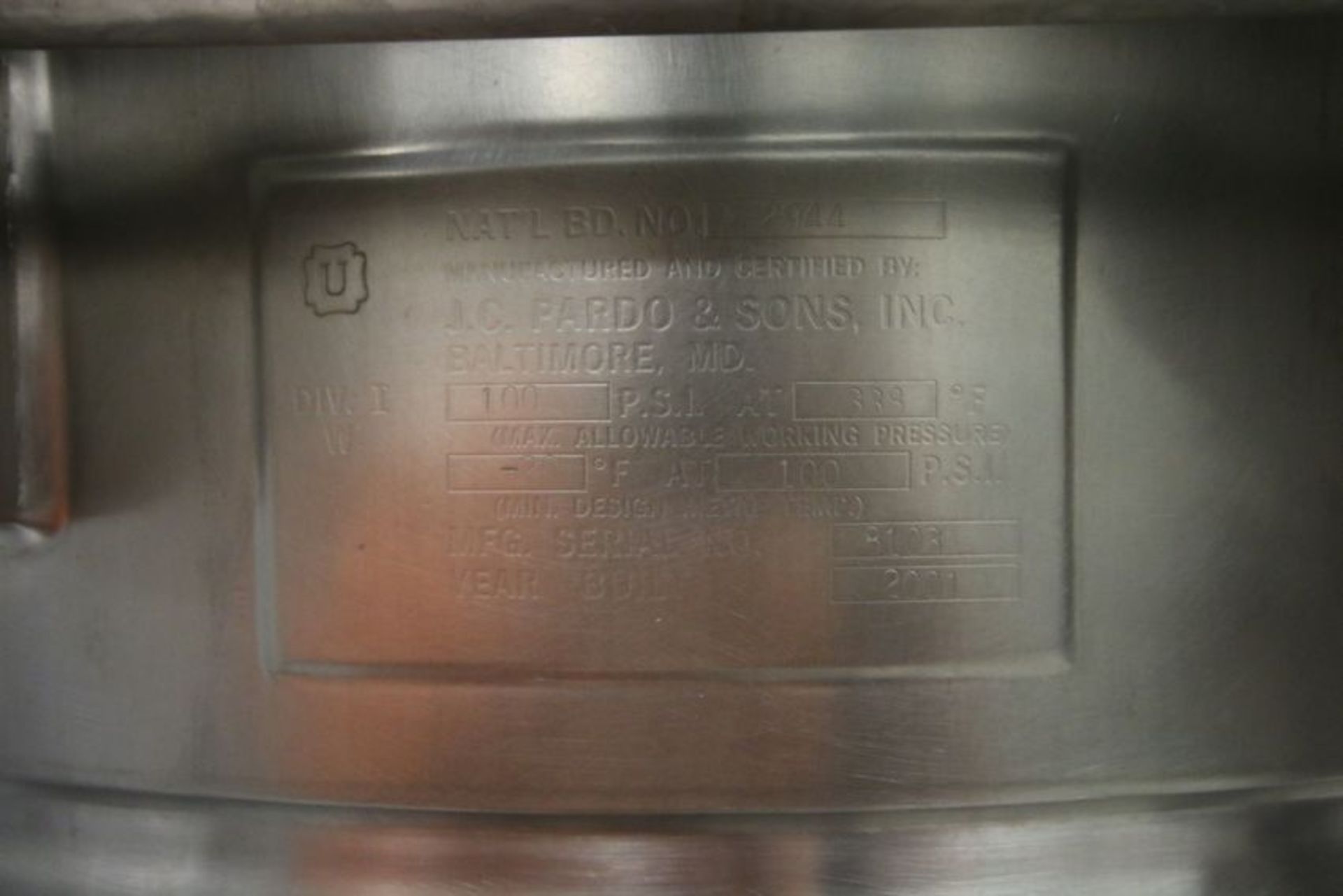 J. C. Pardo & Sons 100 Gal. S/S Kettle, S/N 8103, 100 psi @ 338 Degrees and 100 psi @ - 20 Degrees - Image 6 of 6