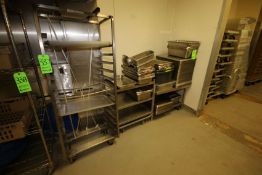 Lot of Assorted S/S Pans, Inserts, (1) Pan Rack, Portable S/S Cart, (2) Plastic Totes and (1) S/S