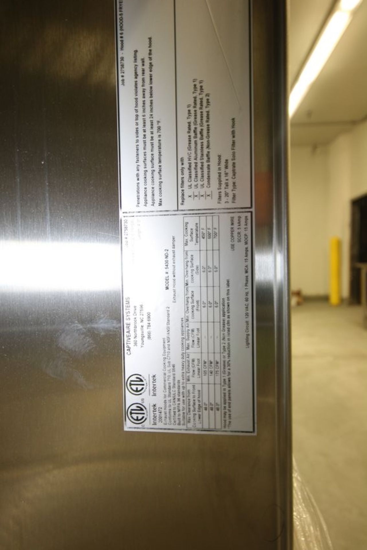 Captiveaire Systems All S/S Exhaust Hood, Model 5430ND-2, Job #2758730 with 4-Valve Fire Suppression - Image 3 of 4