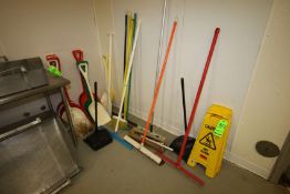 Lot of Assorted Janitorial Supplies includes: Brooms, Caution Signs, Shovels, Squeegees and Dust