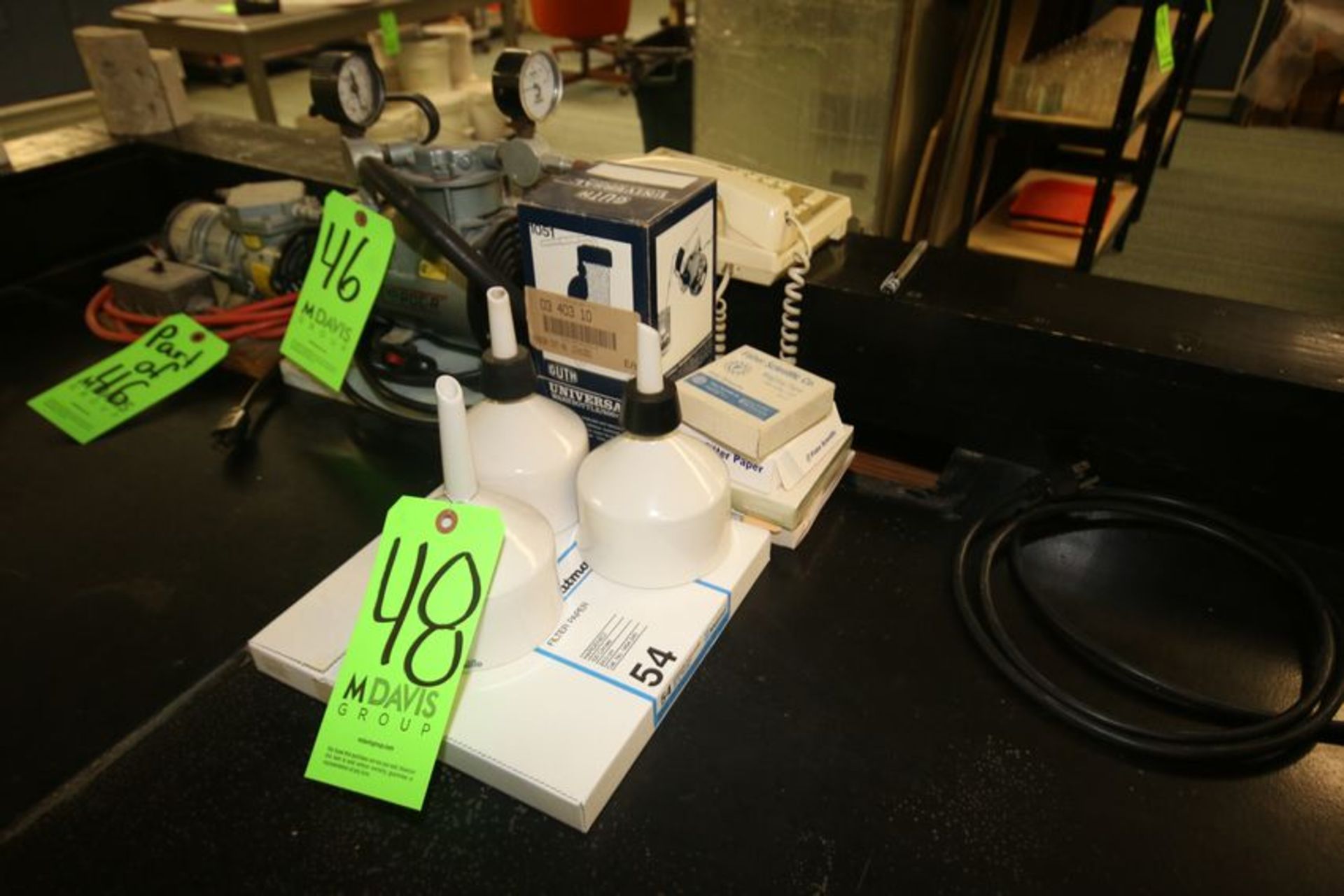 (3) Ceramic Lab Funnels with (5) Boxes of Filter Paper, with NEW Universal Wash Bottle