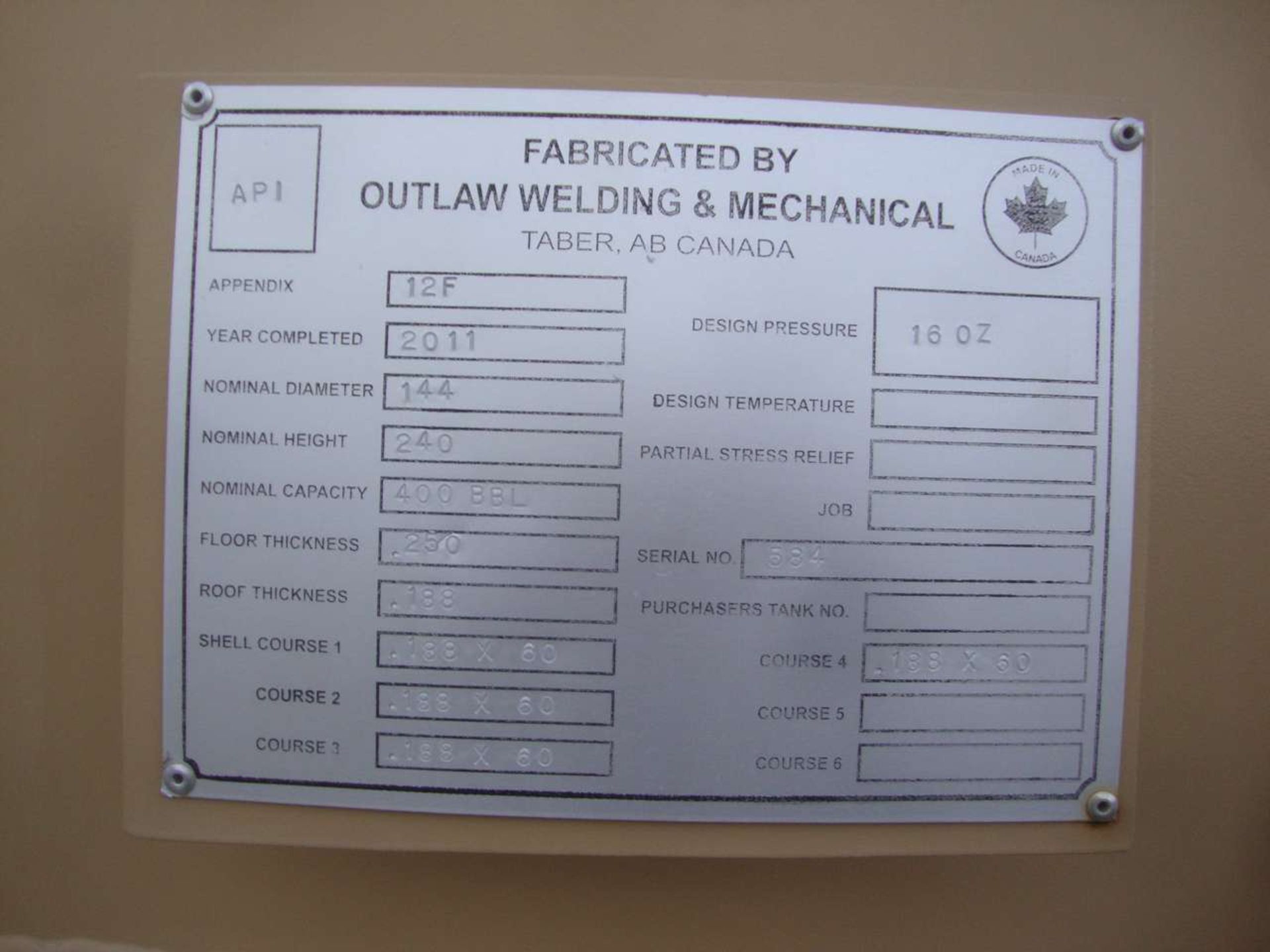 2011 Outlaw Welding Storage tank, 400 BBL - Image 2 of 2