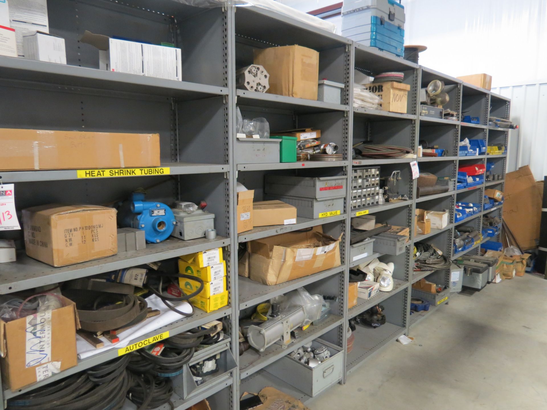 6 sections of shelving with misc maintenance items, wire, v-belts, etc. - Image 4 of 5