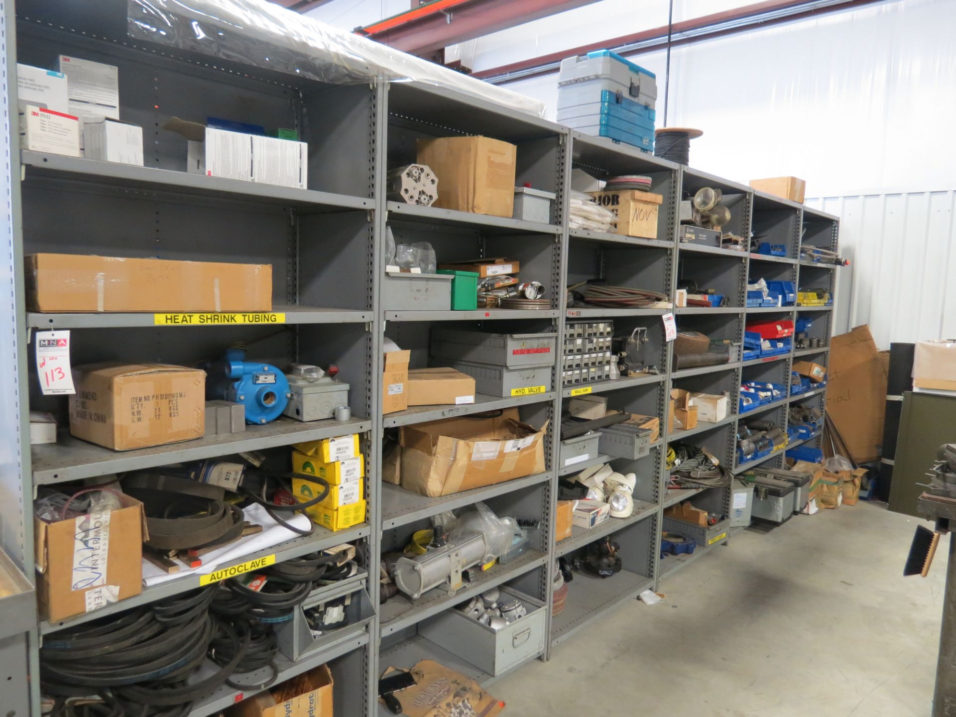 6 sections of shelving with misc maintenance items, wire, v-belts, etc. - Image 5 of 5