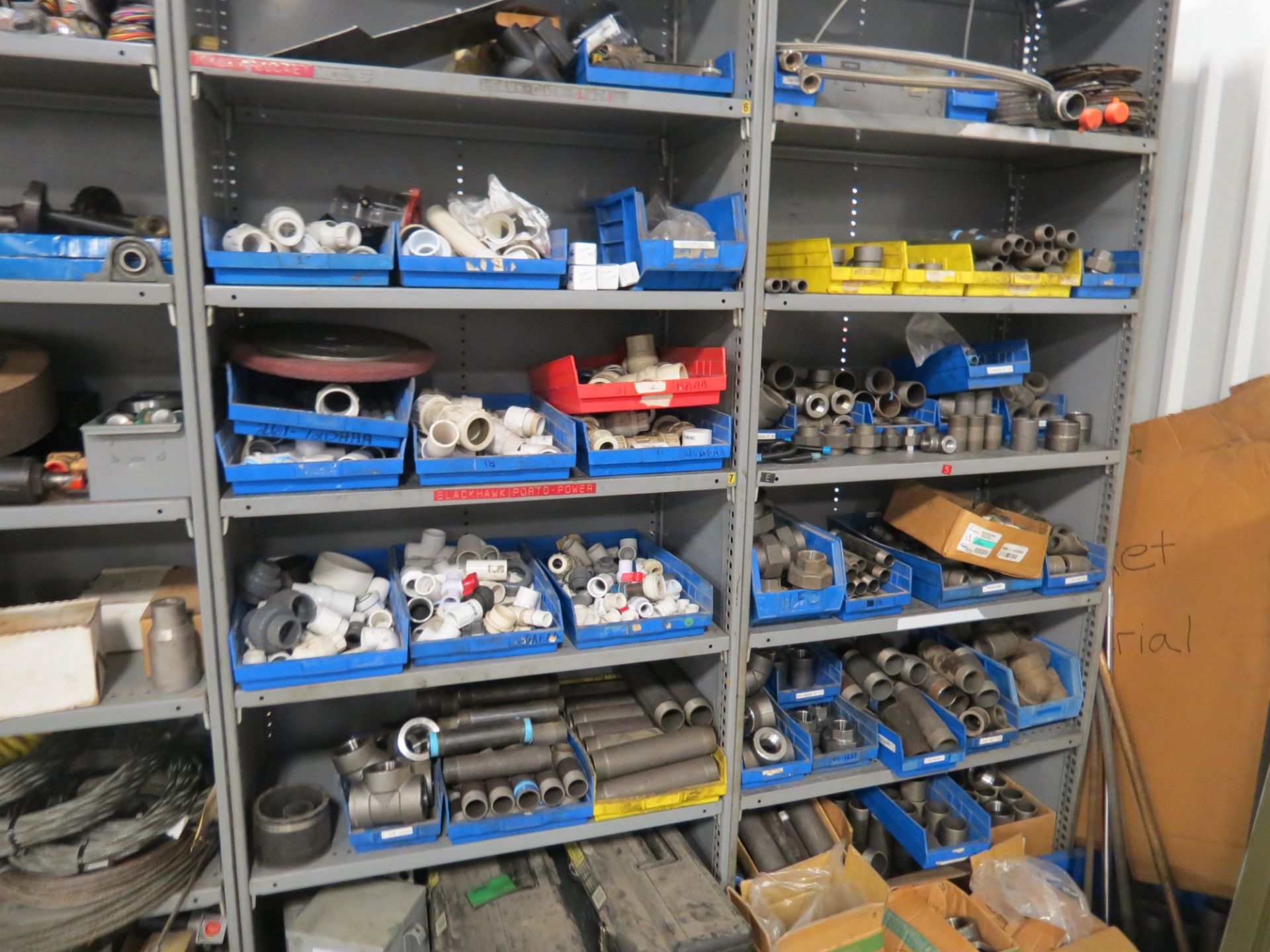 6 sections of shelving with misc maintenance items, wire, v-belts, etc. - Image 2 of 5