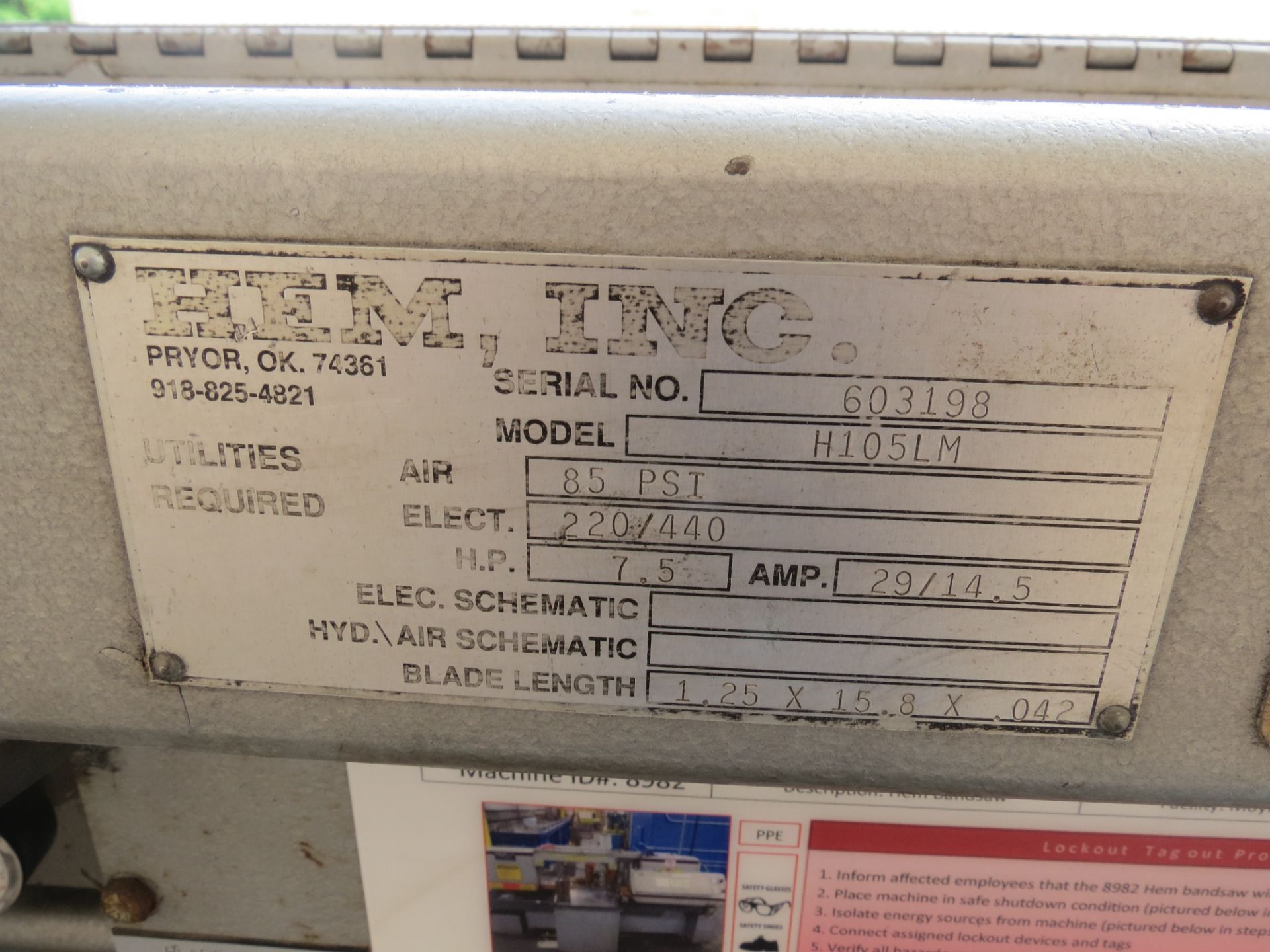 HEM H105LM Semi-auto Horizontal Band Saw, 20" x 16" Cap, mitre cutting, s/n 603198, new 1998 - Image 4 of 4