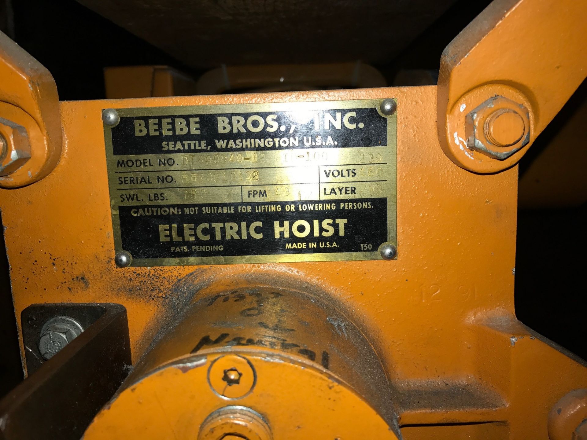 Beebe Bros. Inc Model DT800B40-12 Electric Cable Winch; 750lb Capacity; - Image 3 of 5