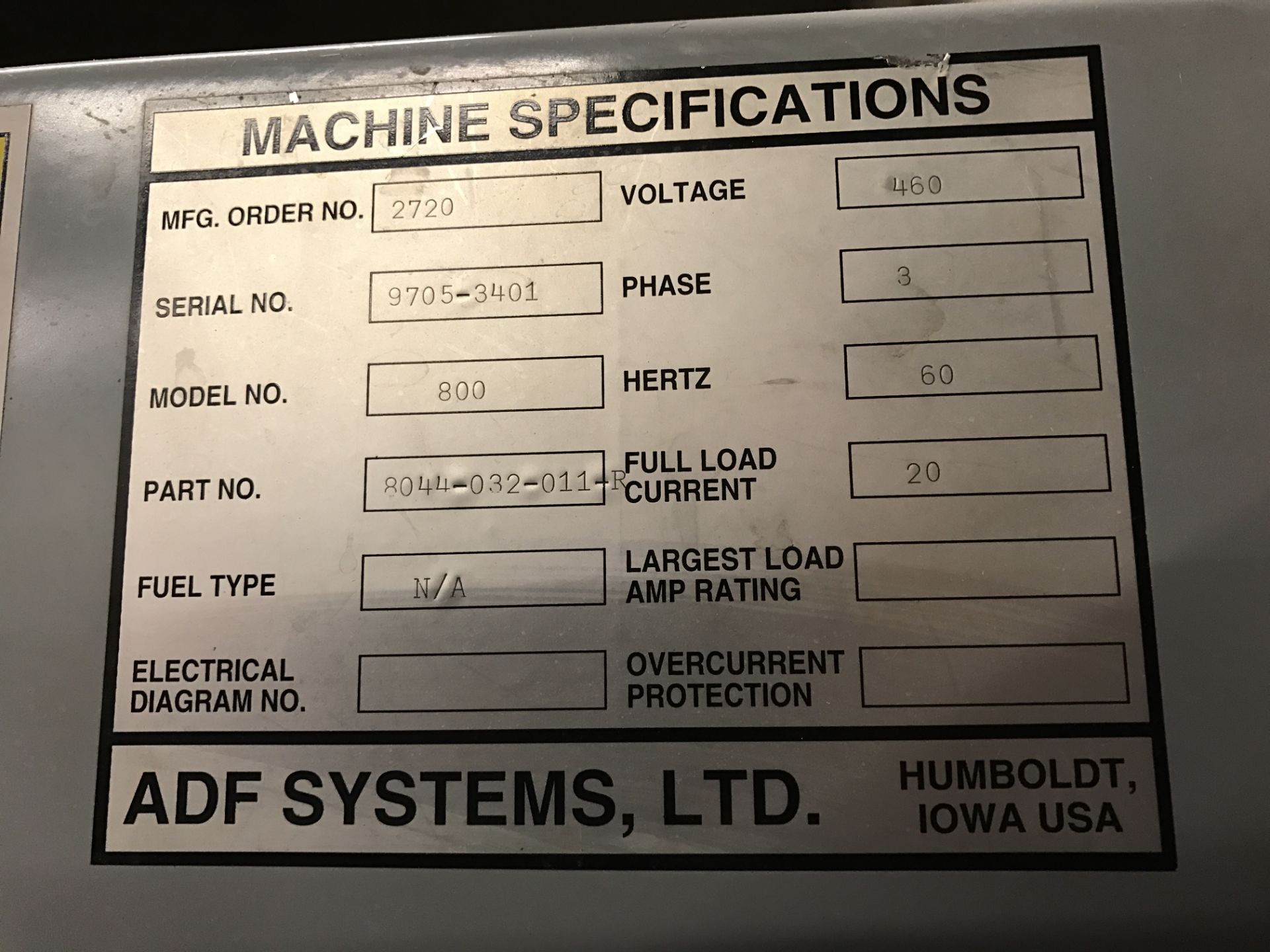 ADF Systems Aqueous Parts Cleaner; Model 800; Serial # 9705-3401; 20A 3Ph 460V; - Image 3 of 3