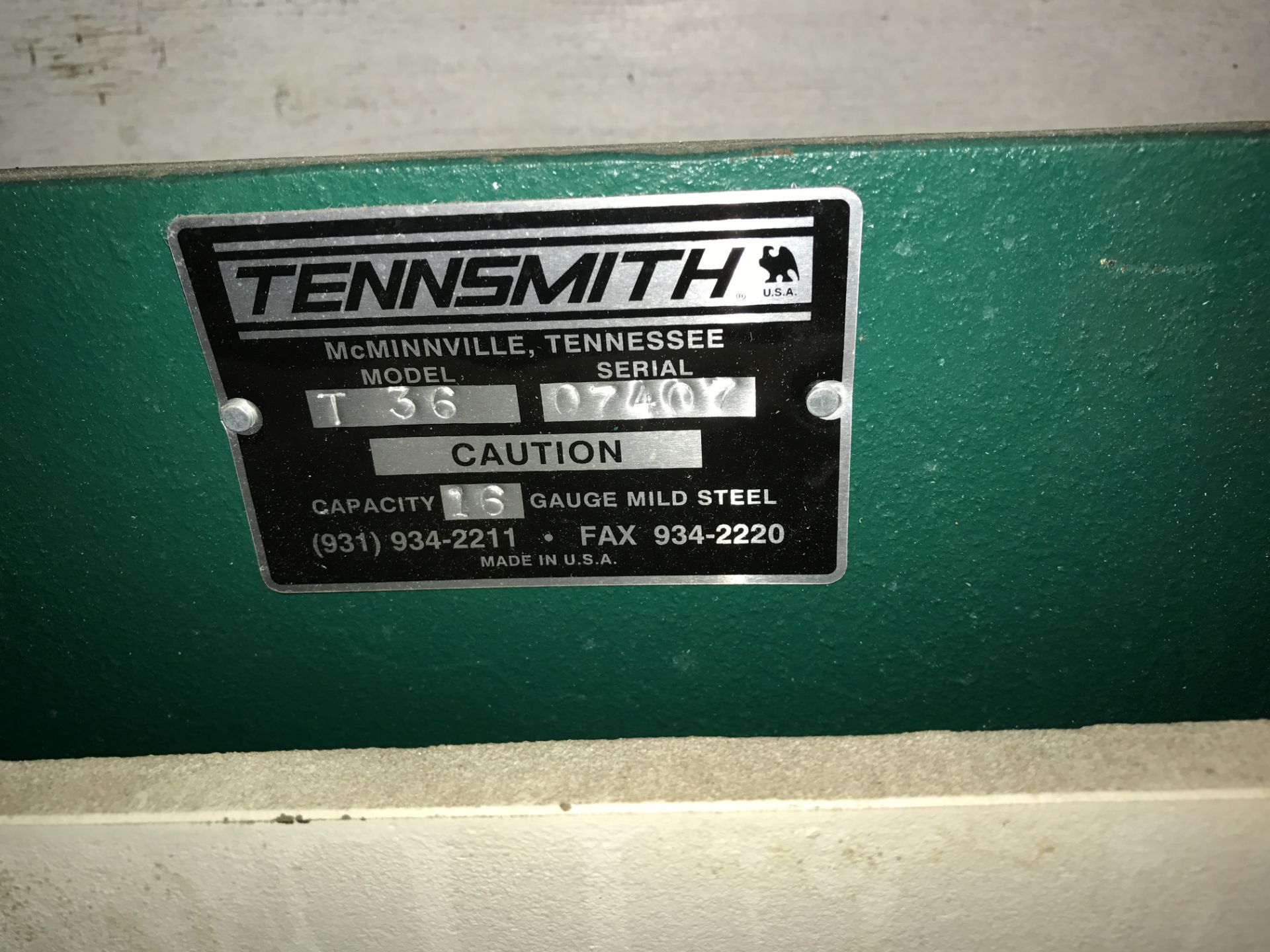 Tennsmith Shear 36" 16 Gauge Capacity; Model T36; Serial # 07402; - Image 2 of 6