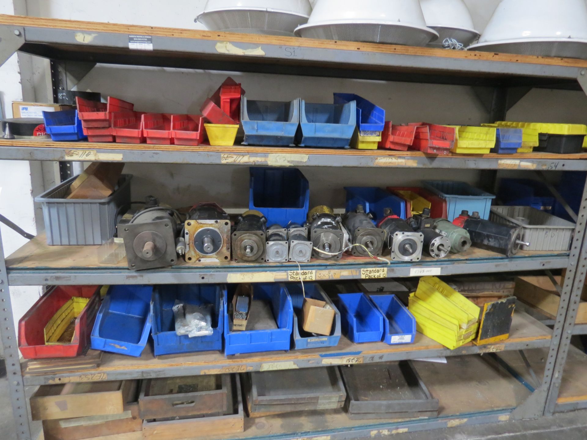 Metal Shelf w/assorted Servo Motor & plastic totes