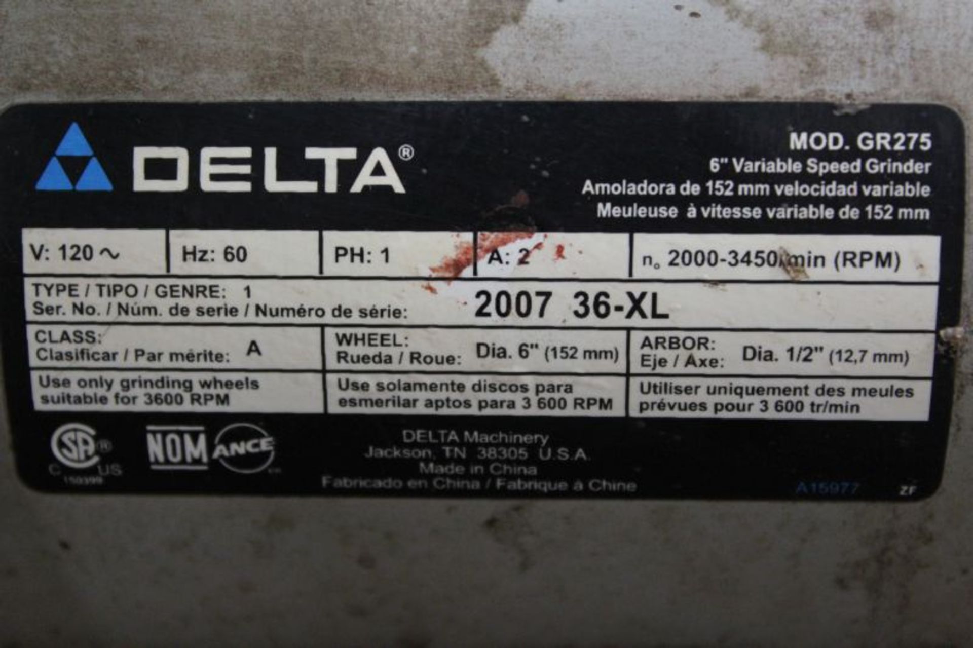 METAL WORK TABLE W. DELTA 6" VARIABLE SPEED GRINDER MODEL NUMBER GR275 SERIAL NUMBER 2007 36-XL & - Image 4 of 6