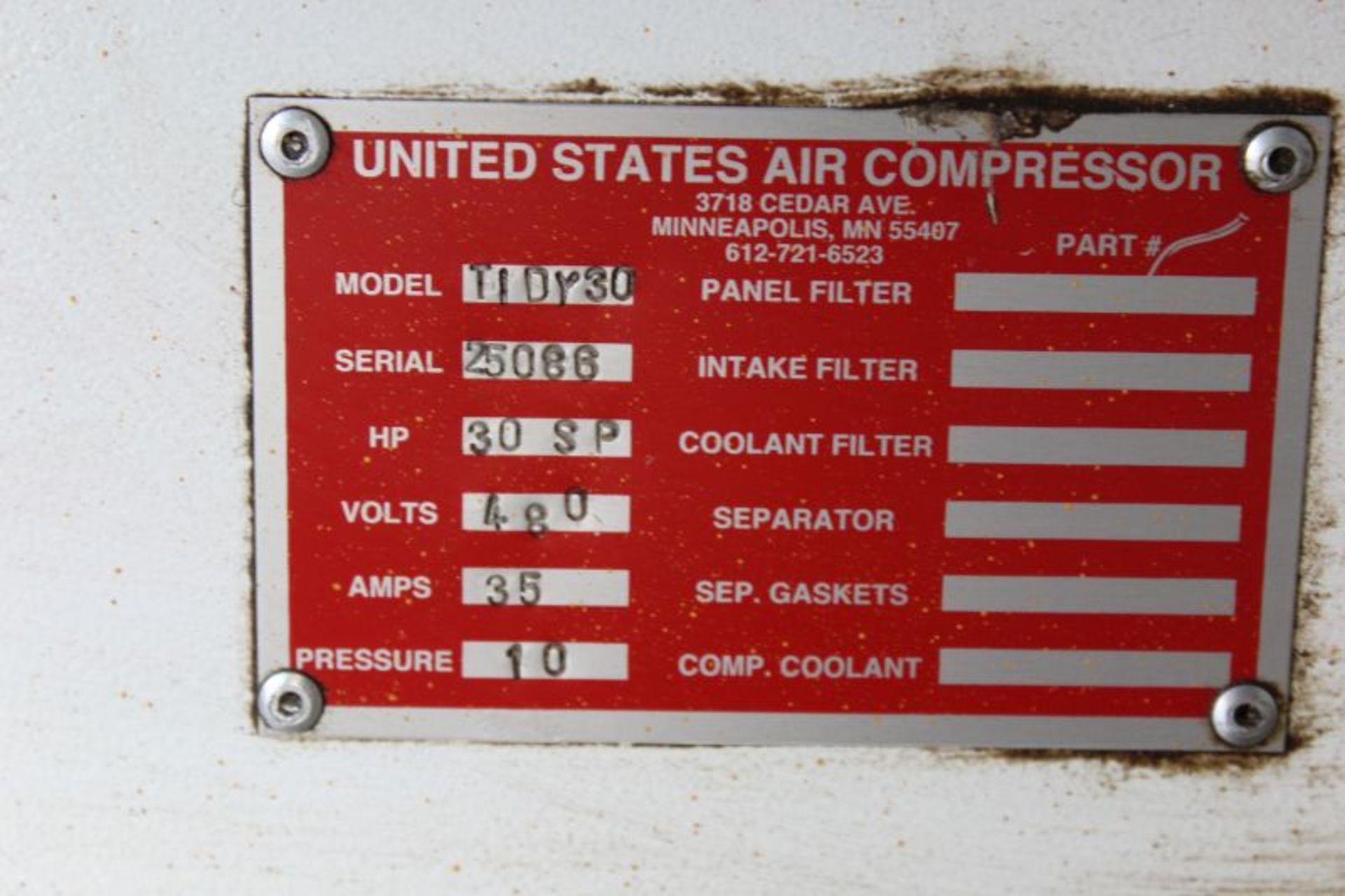 U.S TIDY 30HP AIR COMPRESSOR MODEL NUMBER TIDY30 SERIAL NUMBER 25086 - Image 4 of 4
