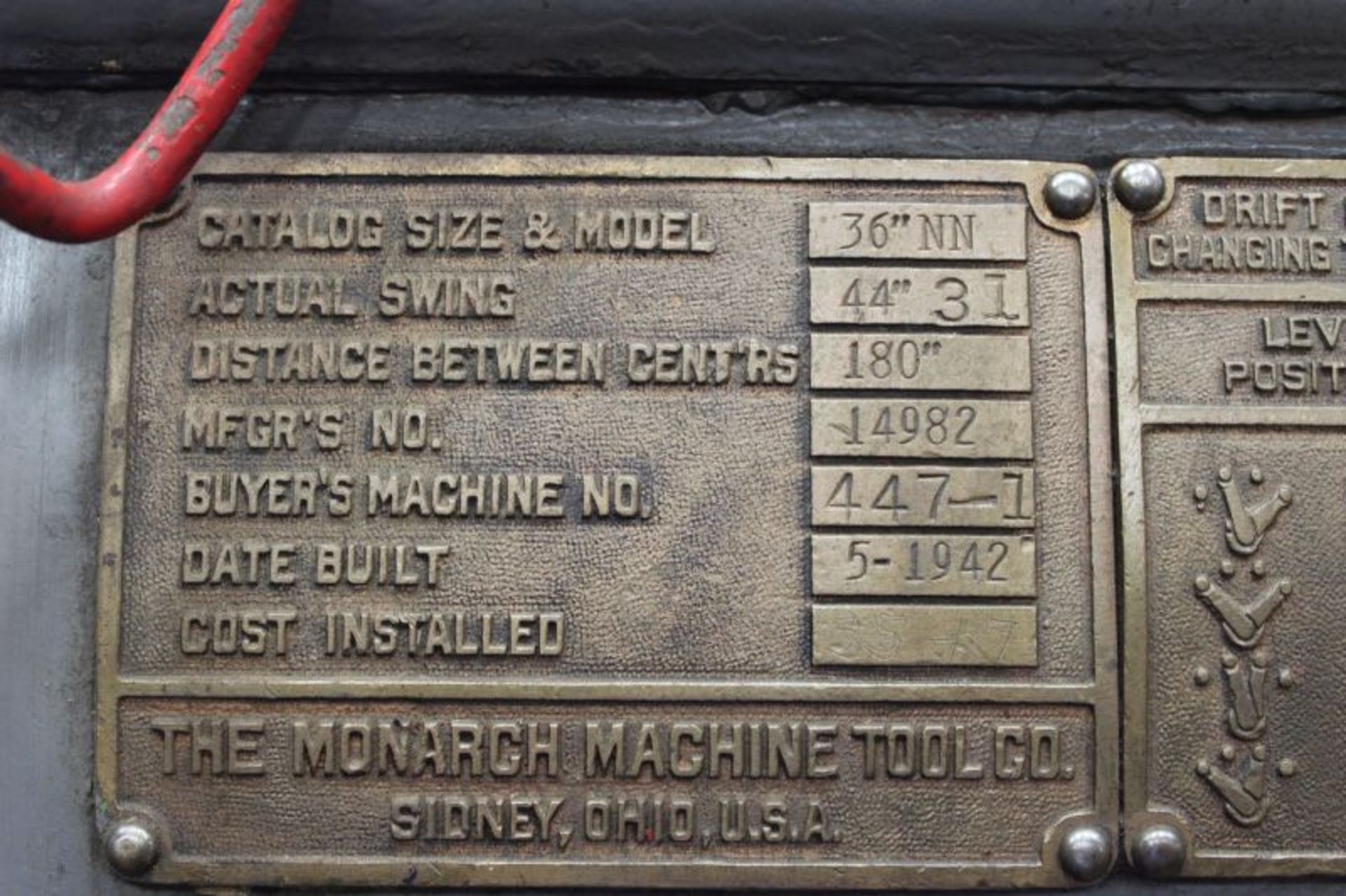 MONARCH 36" X 180" GAP BED ENGINE LATHE MODEL NUMBER 447-1 SERIAL NUMBER 14982 - Image 6 of 6