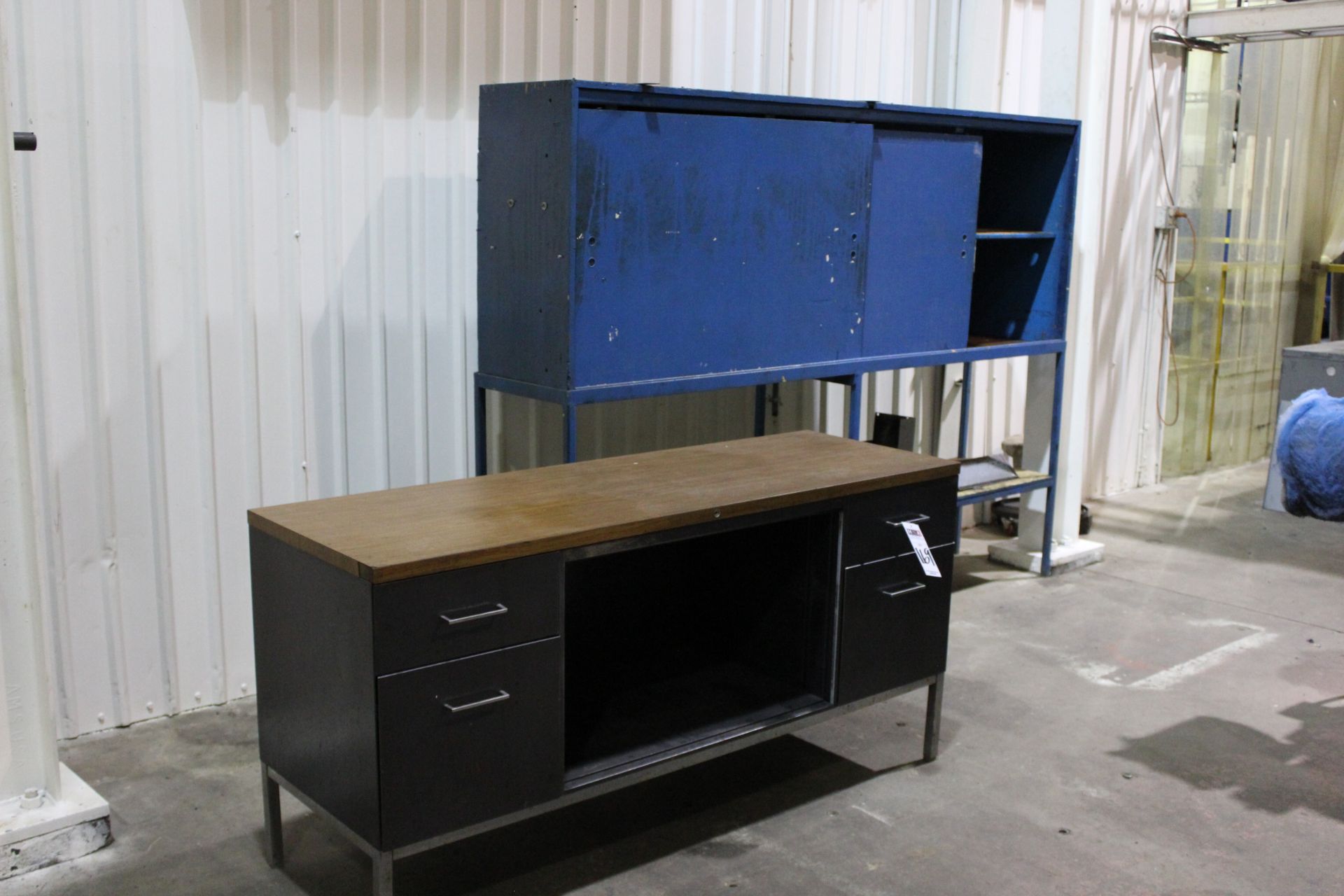 METAL DESK WITH WOOD TOP, AND METAL SHELVING WITH SLIDING DOORS