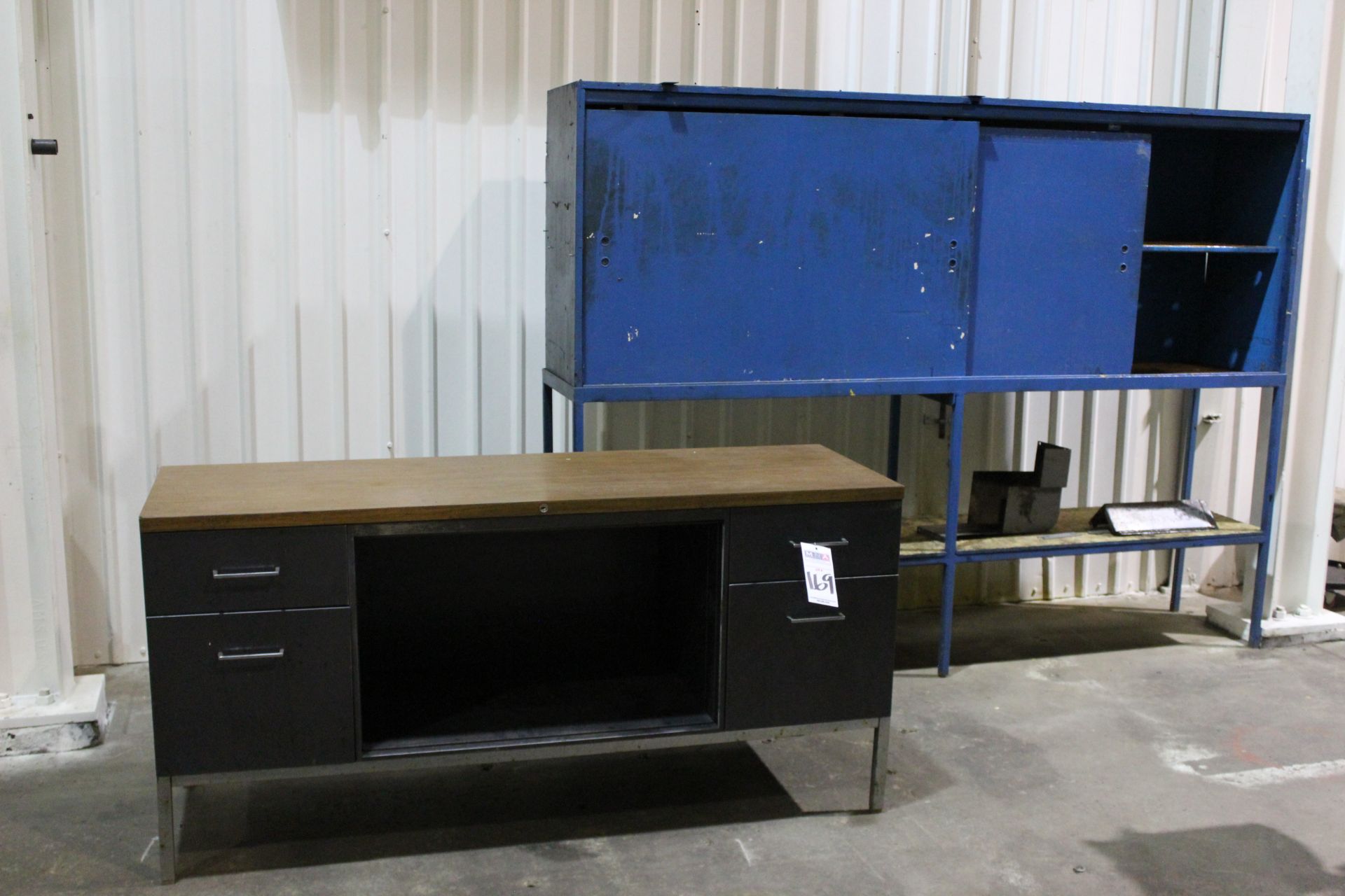 METAL DESK WITH WOOD TOP, AND METAL SHELVING WITH SLIDING DOORS - Image 3 of 3