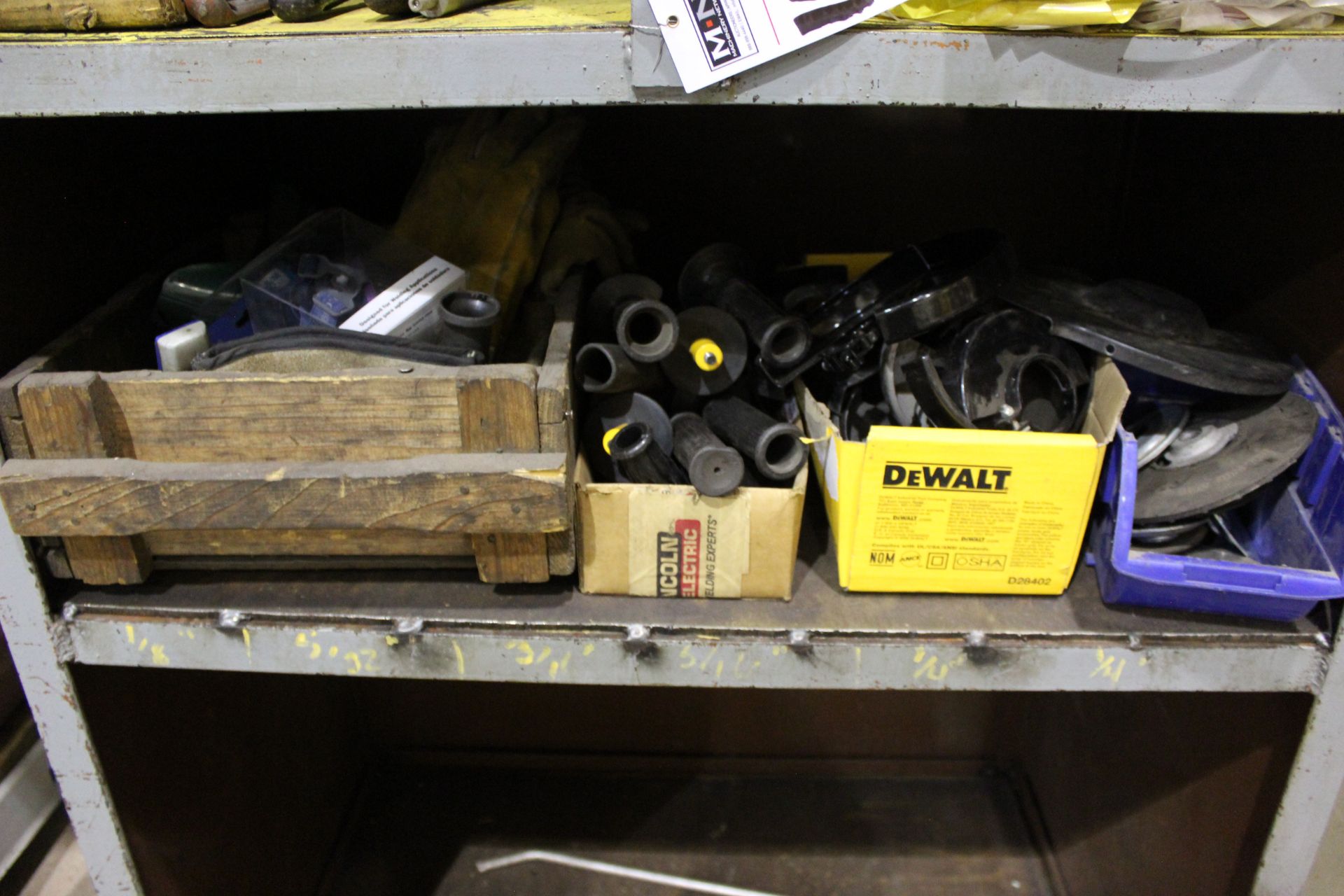 METAL SHELVING UNIT, ASSORTED GRINDER PARTS, DISCS, AND FACE SHIELDS - Image 4 of 5