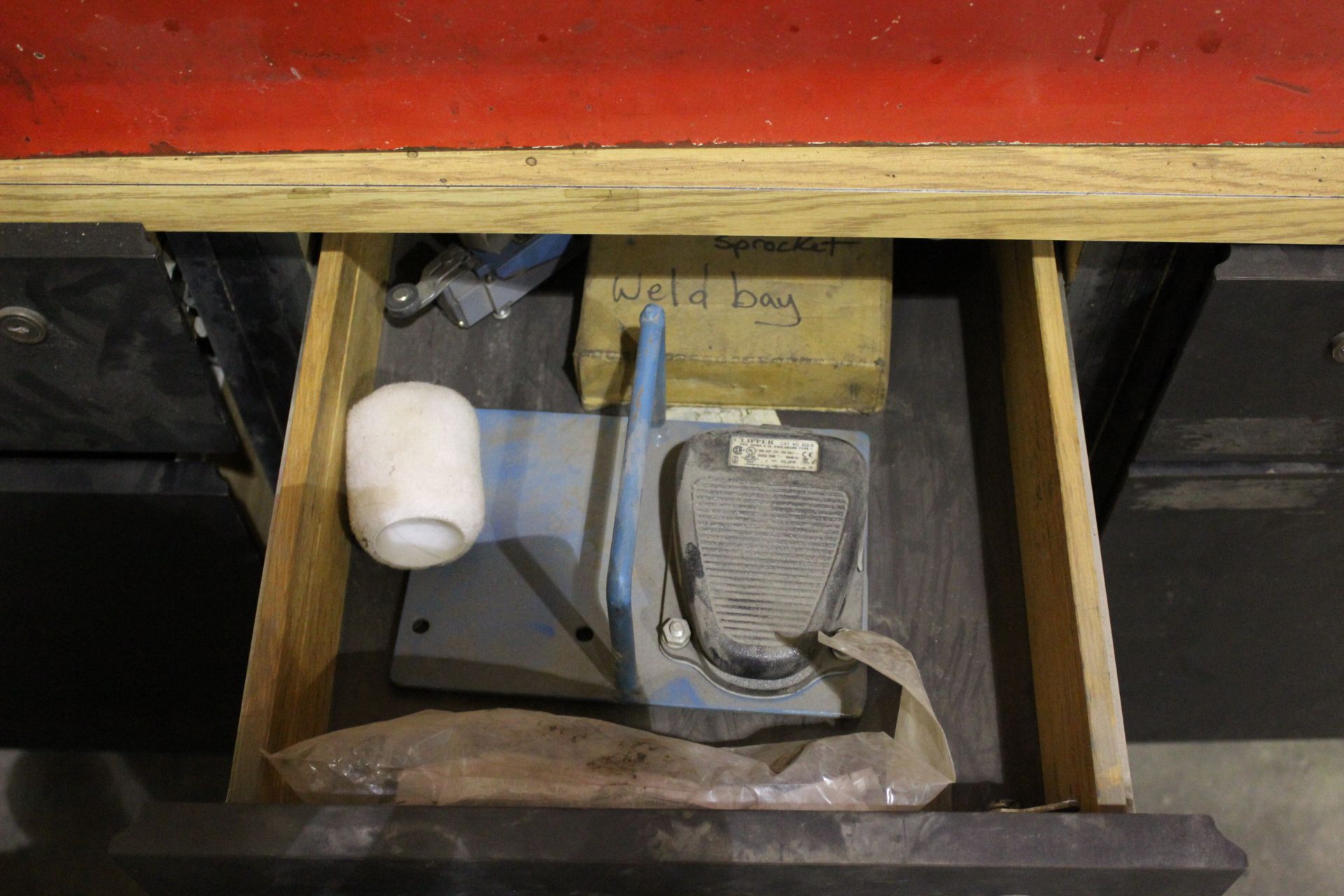 METAL CABINET AND WOOD DESK WITH ASSORTED WELDING SUPPLIES - Image 8 of 9