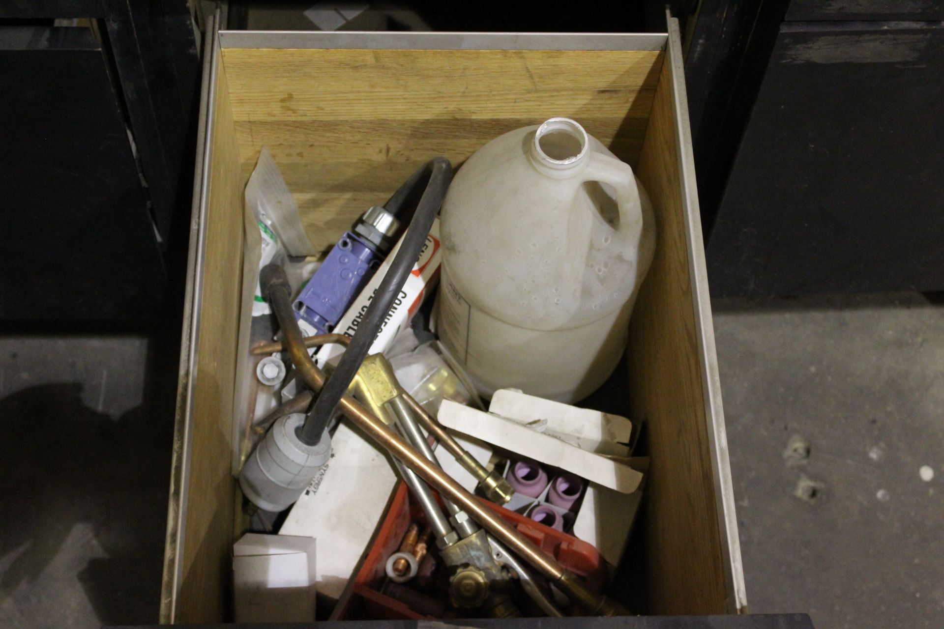 METAL CABINET AND WOOD DESK WITH ASSORTED WELDING SUPPLIES - Image 9 of 9