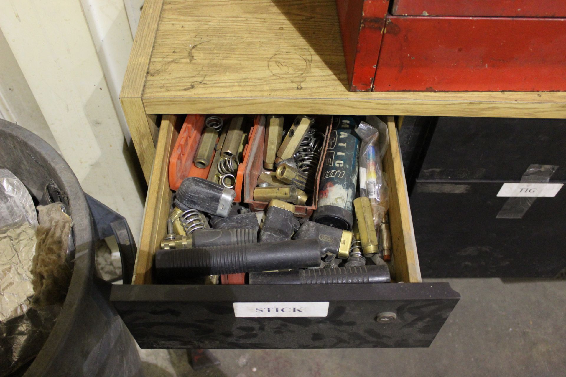 METAL CABINET AND WOOD DESK WITH ASSORTED WELDING SUPPLIES - Image 6 of 9