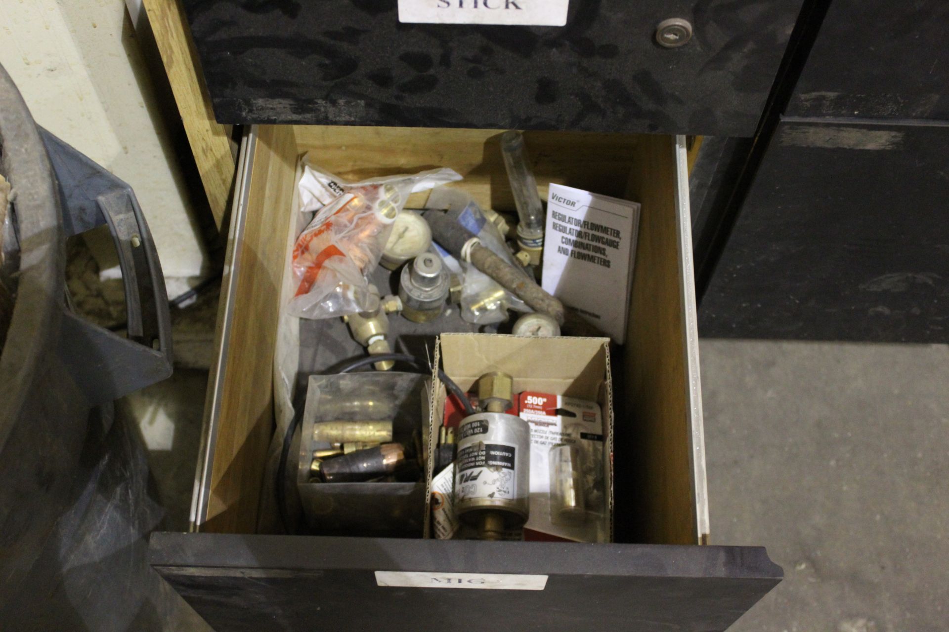 METAL CABINET AND WOOD DESK WITH ASSORTED WELDING SUPPLIES - Image 7 of 9