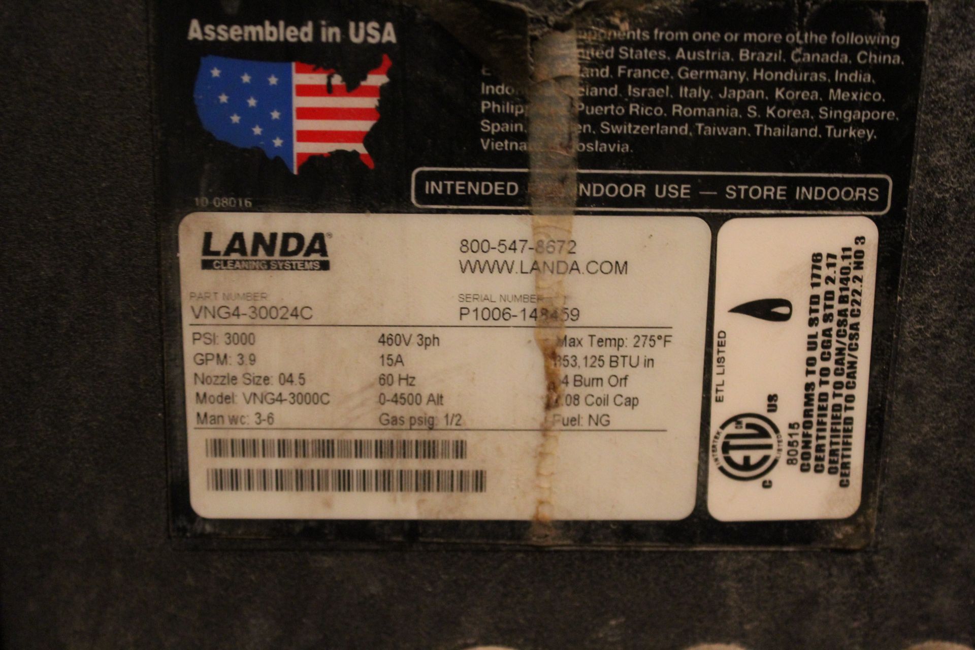 LANDA VNG4 POWER WASHING / PHOSPHATE CLEAN & RINSE POWER WASHER S/N P1006-148459 - Image 2 of 2