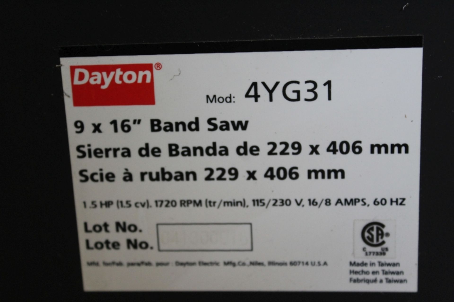 Dayton 9'' X 16'' Horizantal Band Saw S/N 041300016 - Image 5 of 6