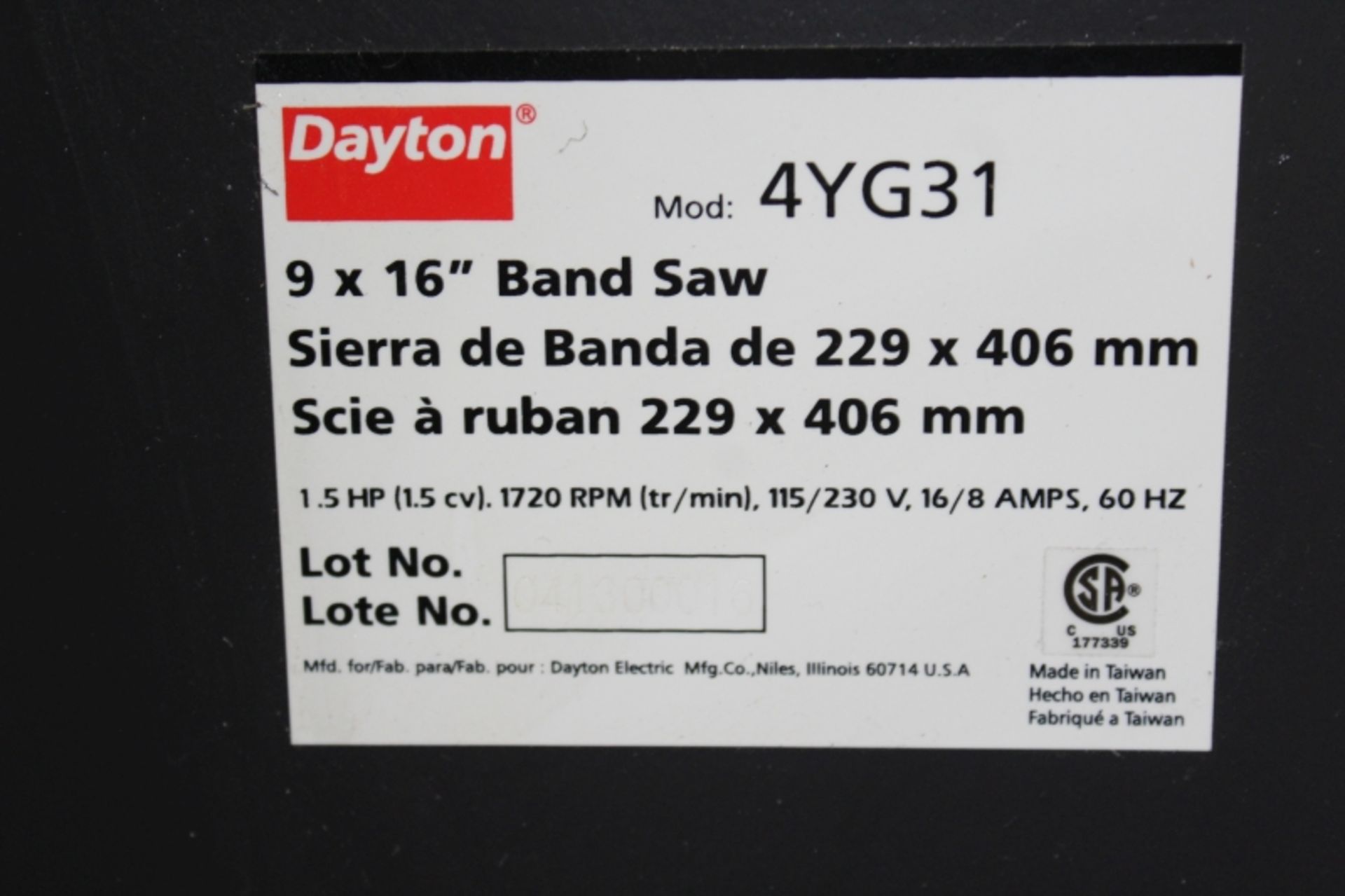 Dayton 9'' X 16'' Horizantal Band Saw S/N 041300016 - Image 6 of 6