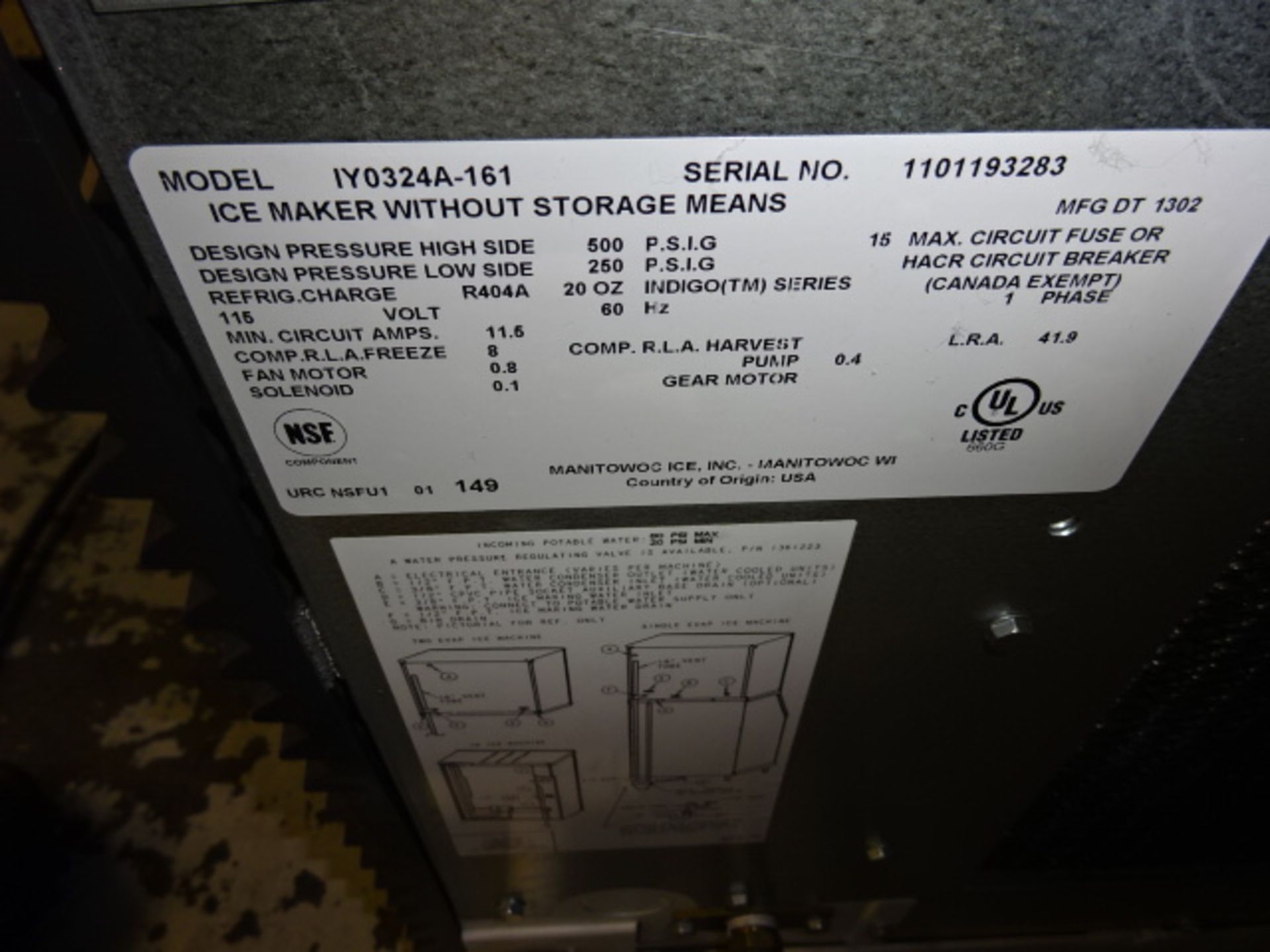 MANITOWOC ICE MAKER, MODEL IY0324A-161, 120 VOLT, S/N 1101193283 - Image 3 of 3
