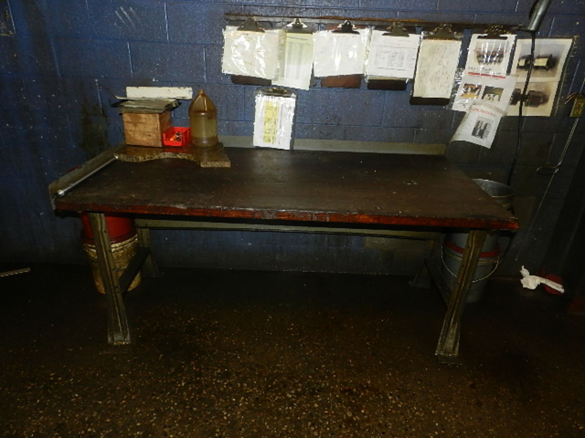 (1) 6' LONG WORK BENCH, (1) 5' LONG WORK BENCH, STOOL, AND CONTENTS ON TABLE (A)
