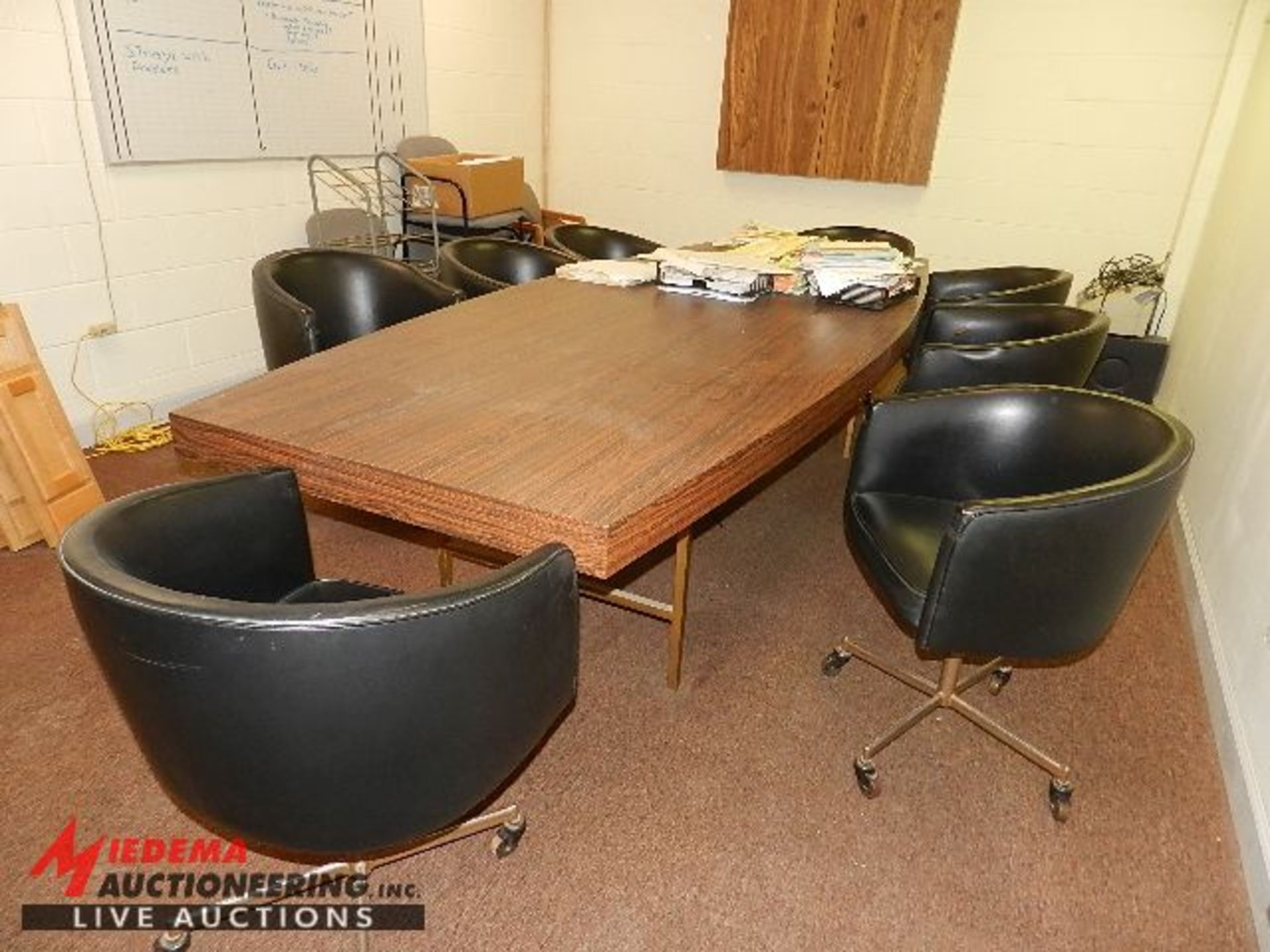 CONTENTS OF OFFICE INCLUDES (1) APPROX 120" WOOD CONFERENCE TABLE WITH (9) MATCHING PADDED OFFICE - Image 3 of 3