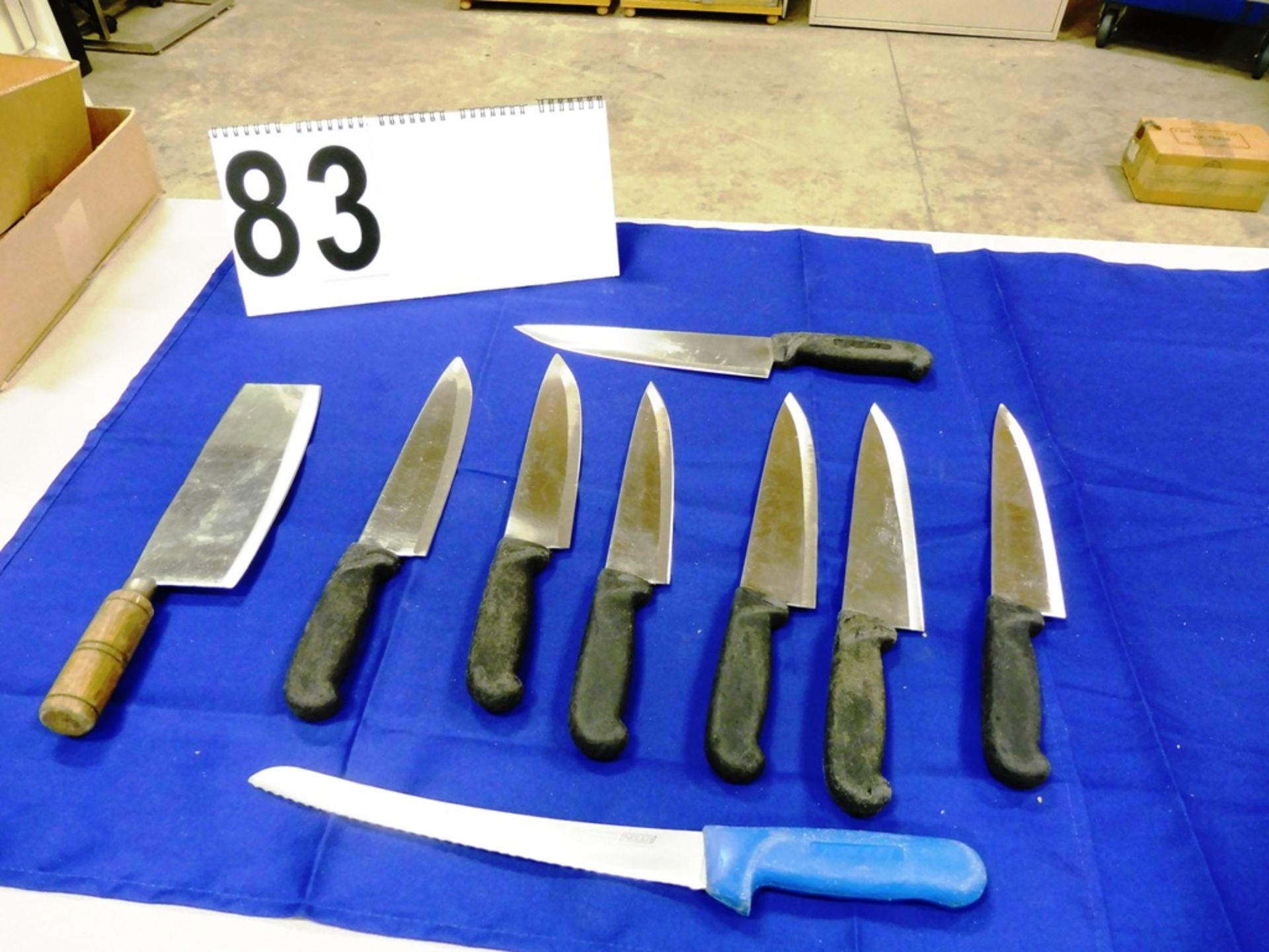 L/O 7-KITCHEN KNIVES, 1-SERRATED KNIFE, 1-MEAT CLEAVER