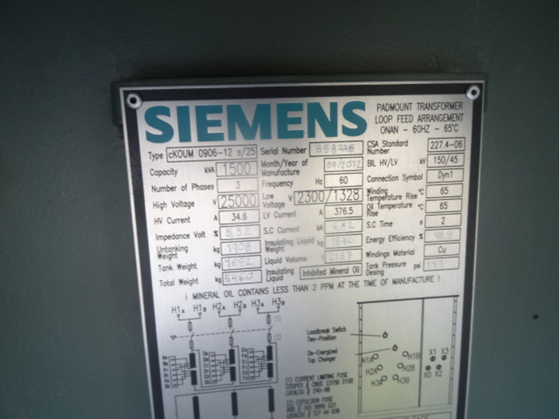 Siemens Padmount Transformer, Model CKOUM 0906-12 S/25, 1500 KVA S/N 358776 (NEVER USED) - Image 2 of 3